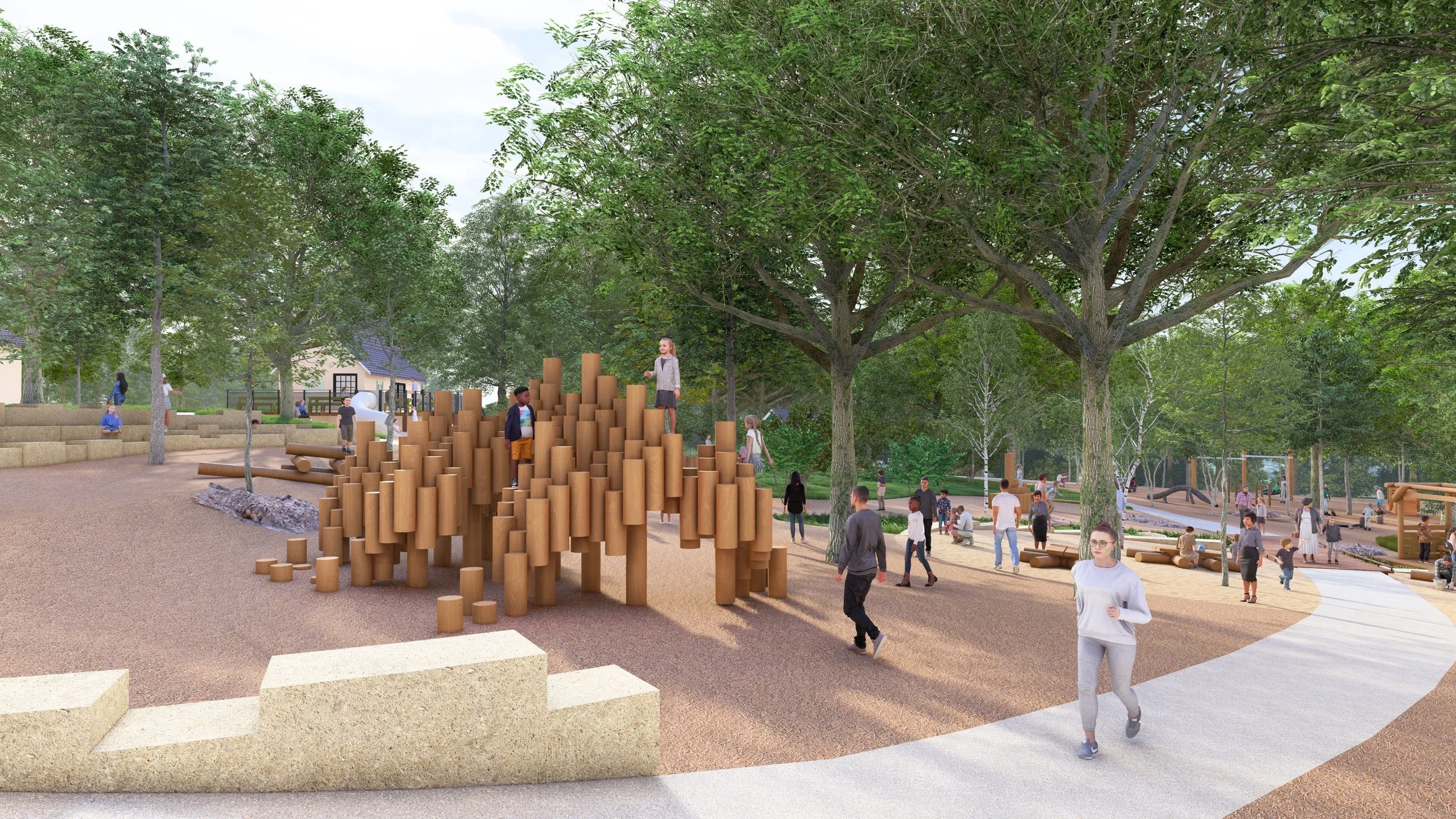 Children playing on wooden climbing feature near jogging path