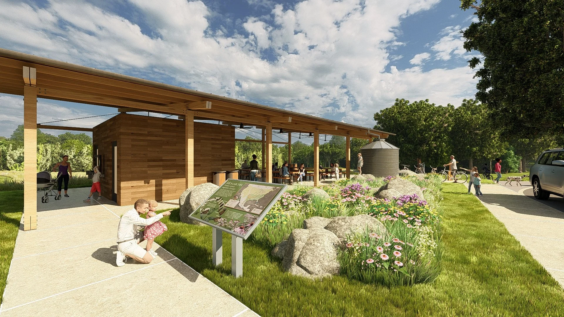 New East Trailhead with restrooms and picnic shelter area.