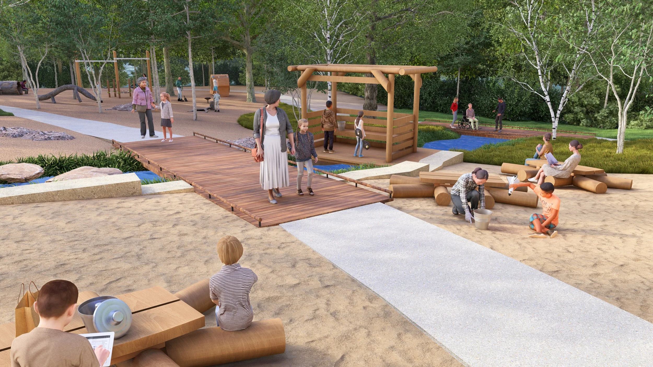 Sand box and mud kitchen elements in an outdoor play area