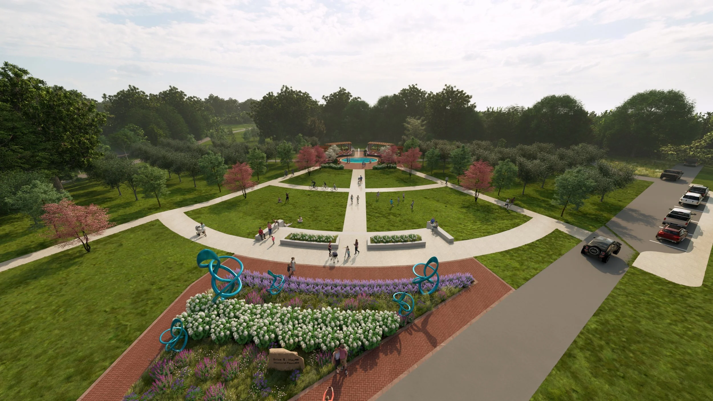 Aerial view of sculptures and flowers in the newly renovated Brice E Hayes Memorial Fountain area
