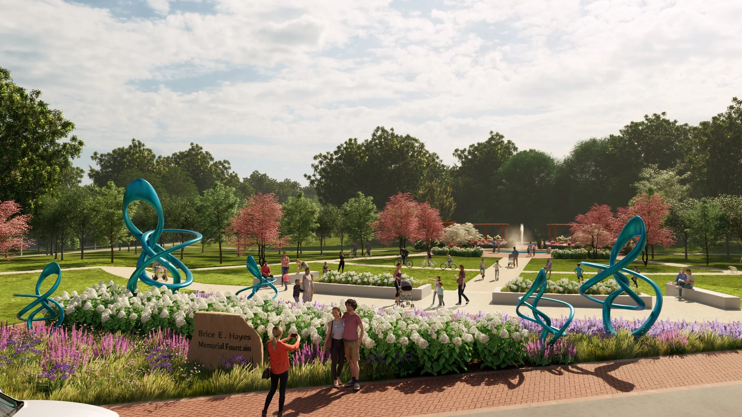 Local art and flowers with visitors taking photos on path