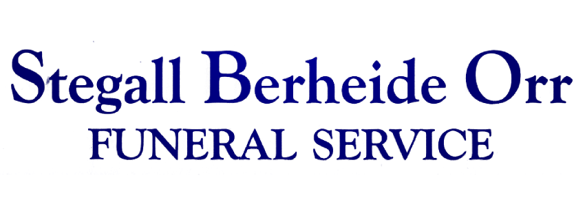 Sign for Stegall Berheide Orr Funeral Service in blue and black text on a white background.