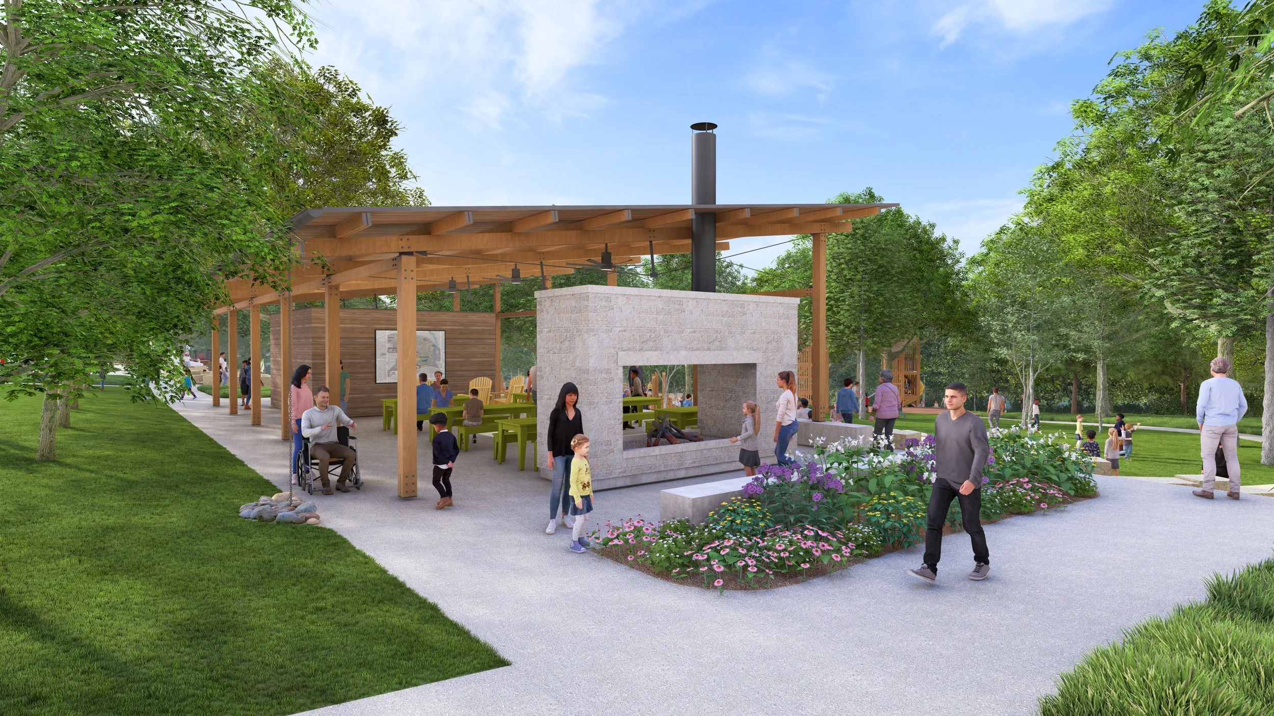 Wooden pavilion with seats and fireplace