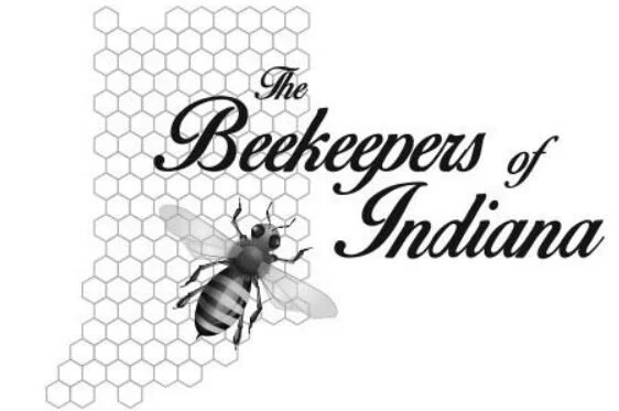 Logo for The Beekeepers of Indiana with a honeycomb pattern and a bee illustration.