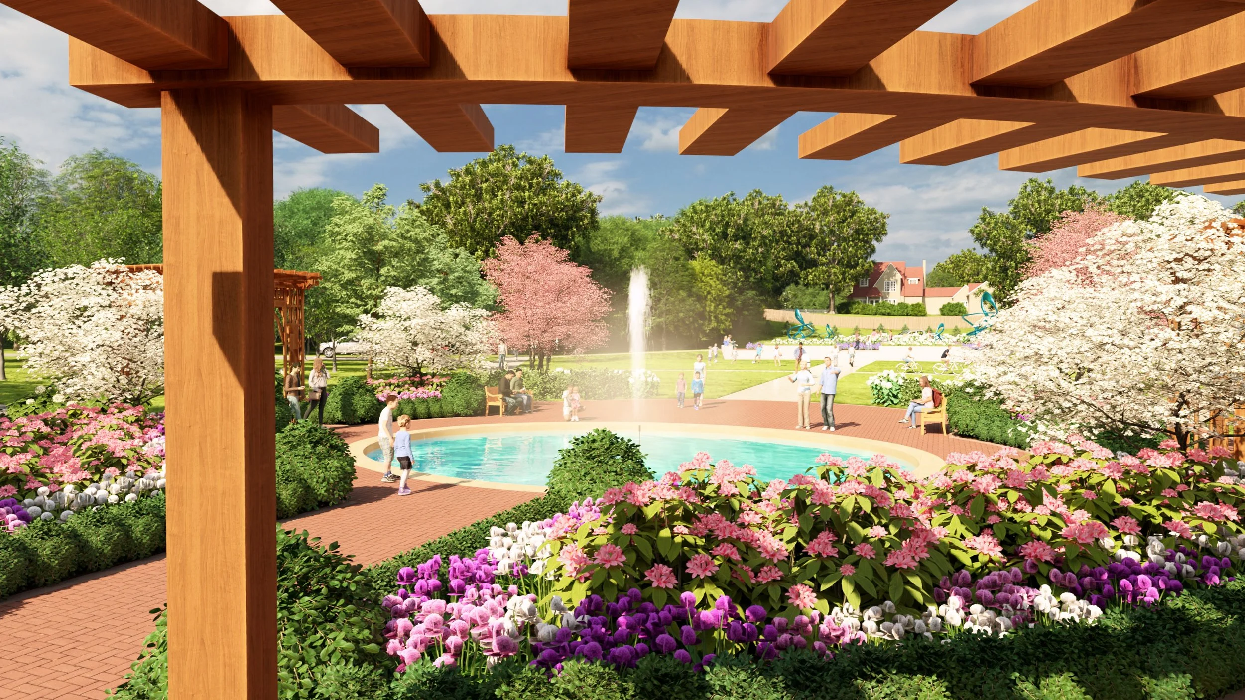 Flowers surrounding a fountain