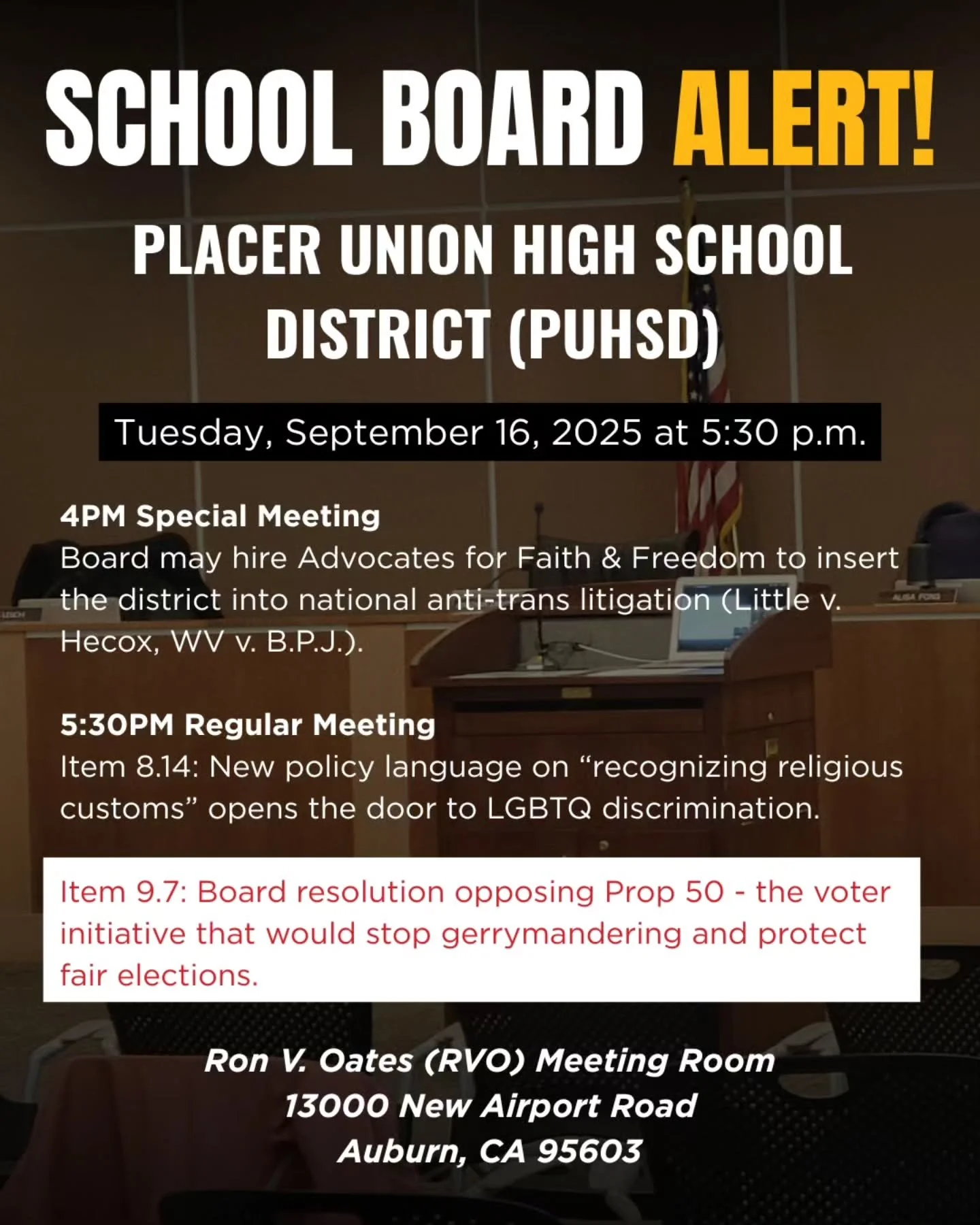 The extremist takeover of our Placer County School Boards never stops...the most dangerous one is probably the resolution against Prop. 50. Why is a local school board weighing in on State ballot measure that effect federal Congressional districts? B