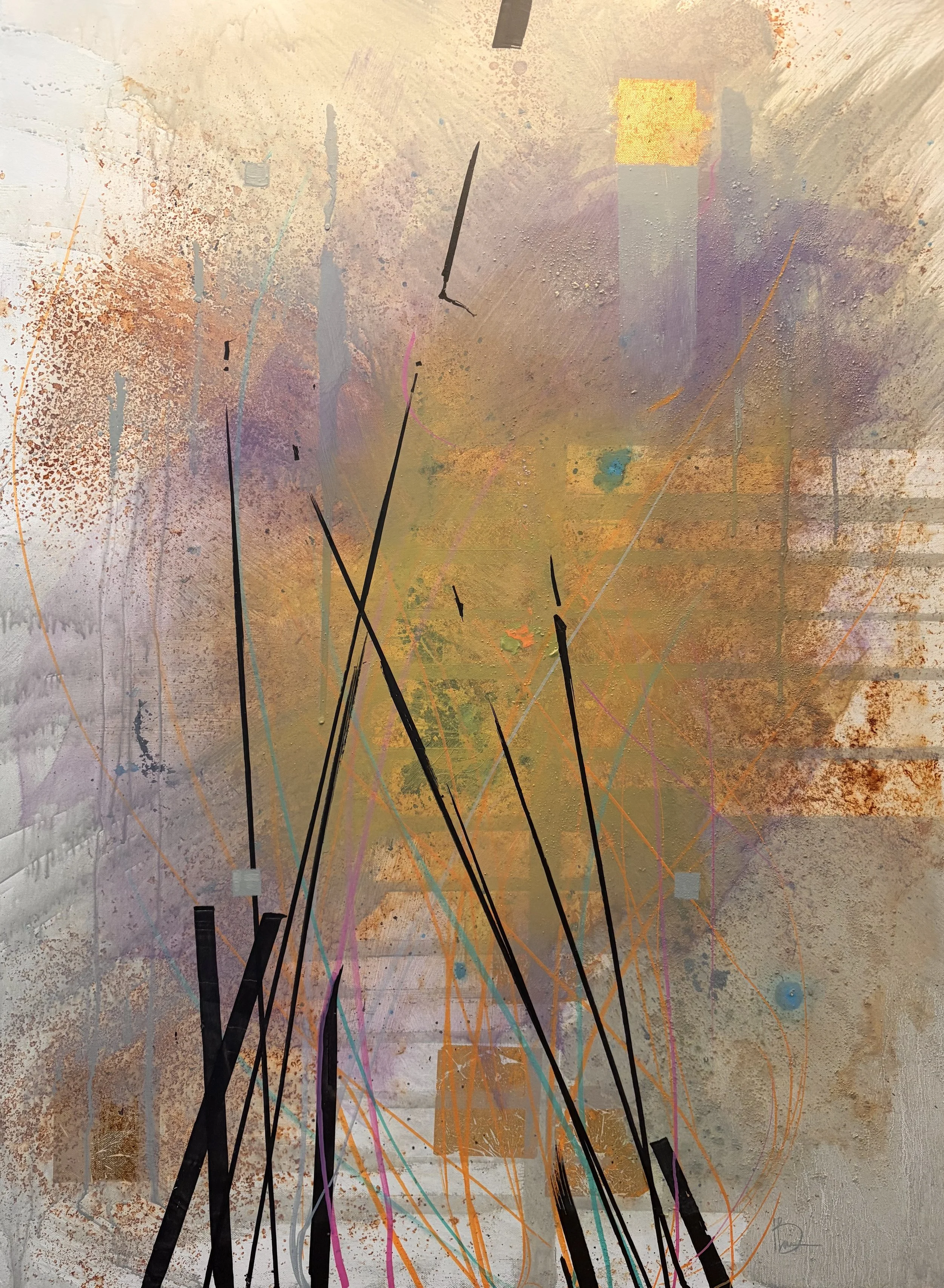 2604-02 Early Typha  
30" x 40" Acrylic, Gold Foil, Marble Dust, and Iron Oxide on Canvas
