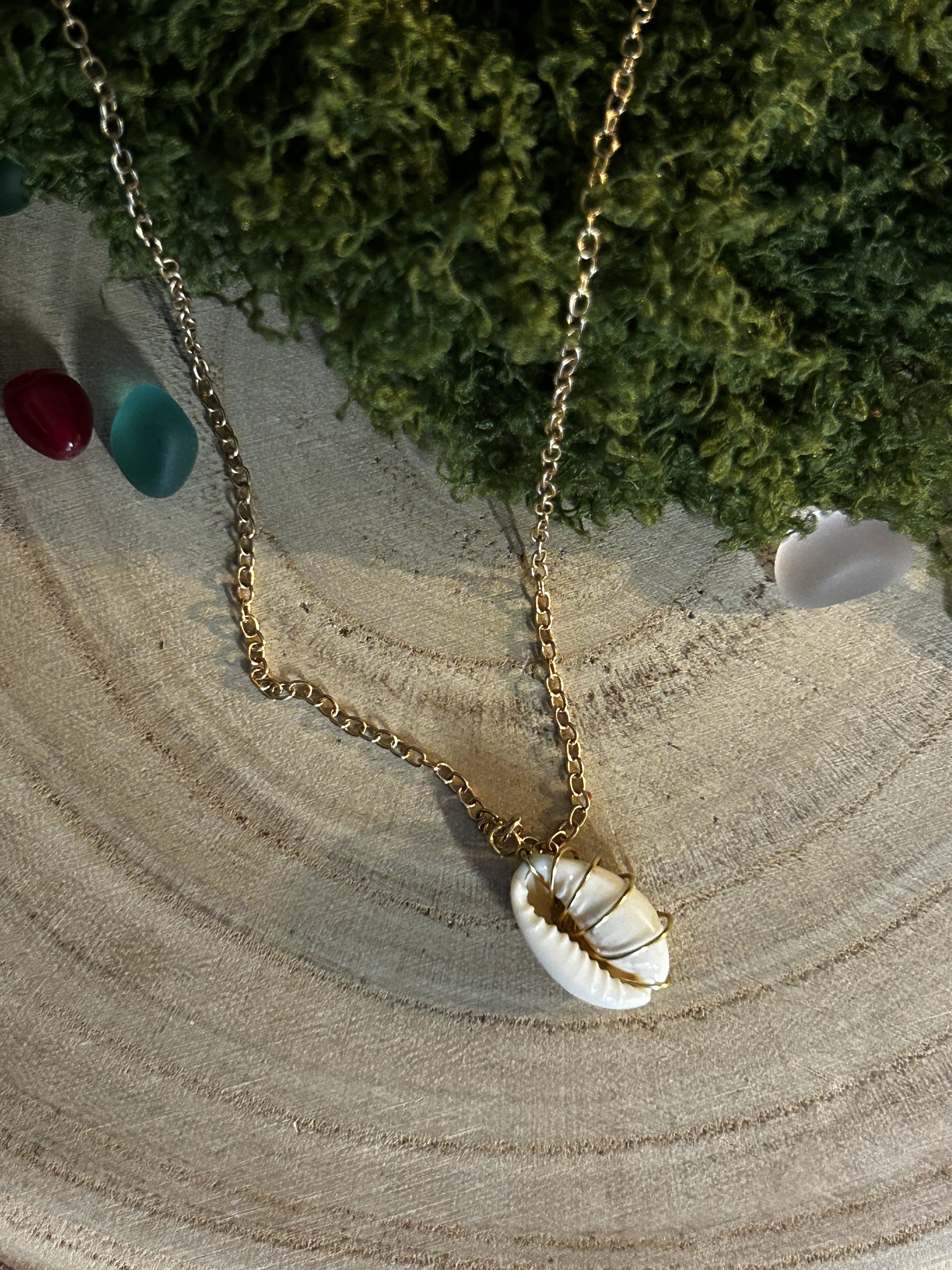 Gold Wire Wrapped Cowry Shell Necklace