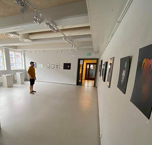 Person viewing artwork in a spacious, well-lit art gallery with white walls and framed paintings.