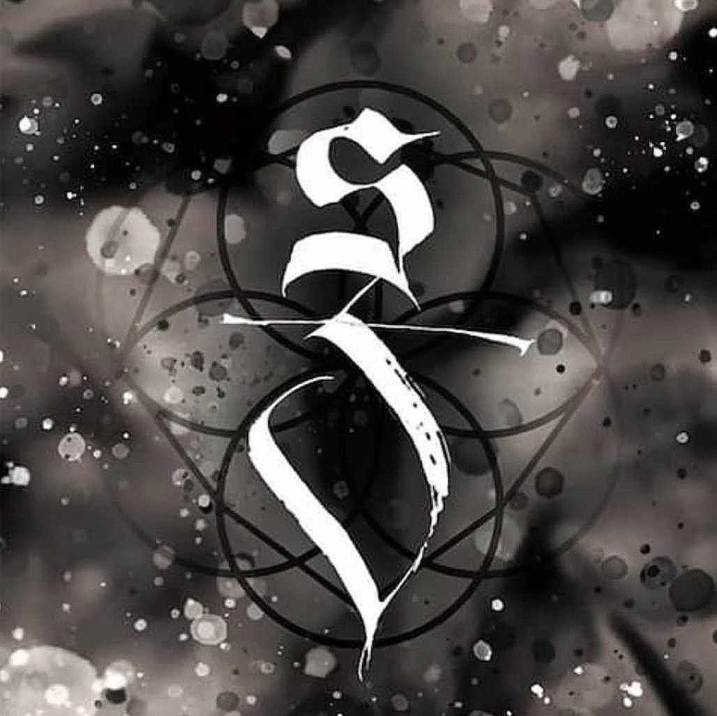Black and white abstract artwork with circular patterns, ink splatters, and stylized graffiti lettering.