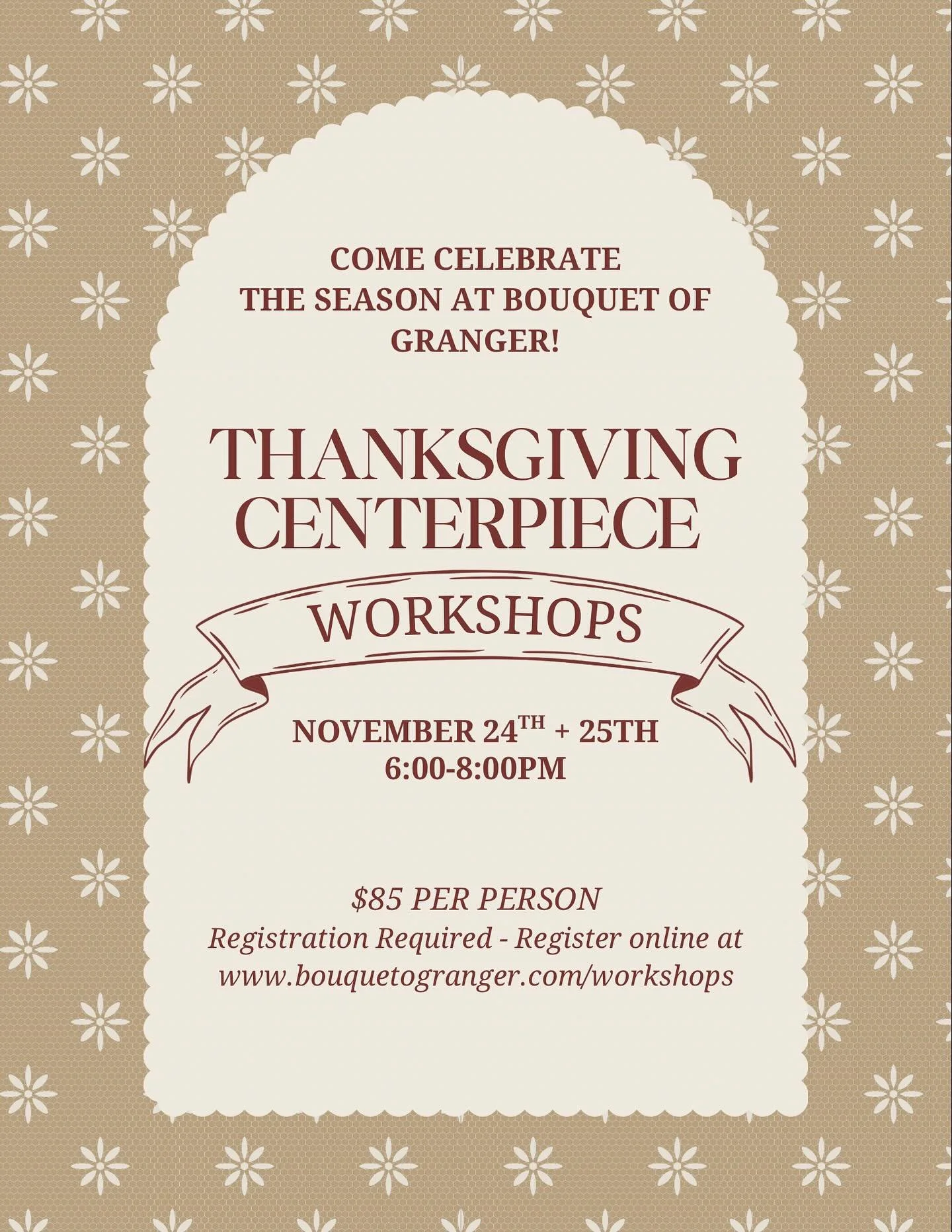 Take a night off from the holiday hustle! 🍂✨

Thanksgiving workshops are HERE! Before the cooking, cleaning, and hosting begin, treat yourself to a cozy evening at one of our Thanksgiving Centerpiece workshops, and create one of our gorgeous Full Th