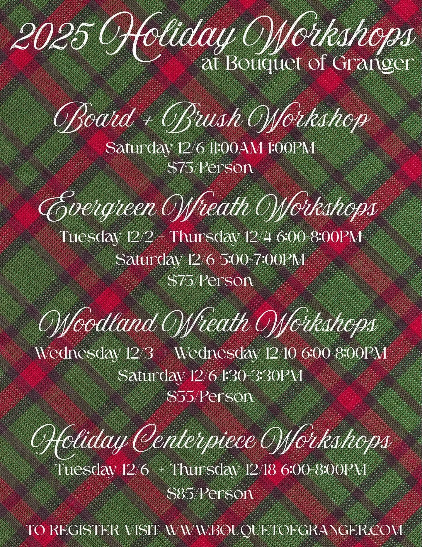 Tag your bestie &mdash; it&rsquo;s time for your next GNO! Our Holiday Floral + Wreath Workshops are HERE! 🎄🎅🏻✨

🎁 Board + Brush Workshop - Saturday 12/6 11AM-1PM

🎁 Evergreen Wreath Workshops - Tuesday 12/2 + Thursday 12/4 from 6-8PM, Saturday 