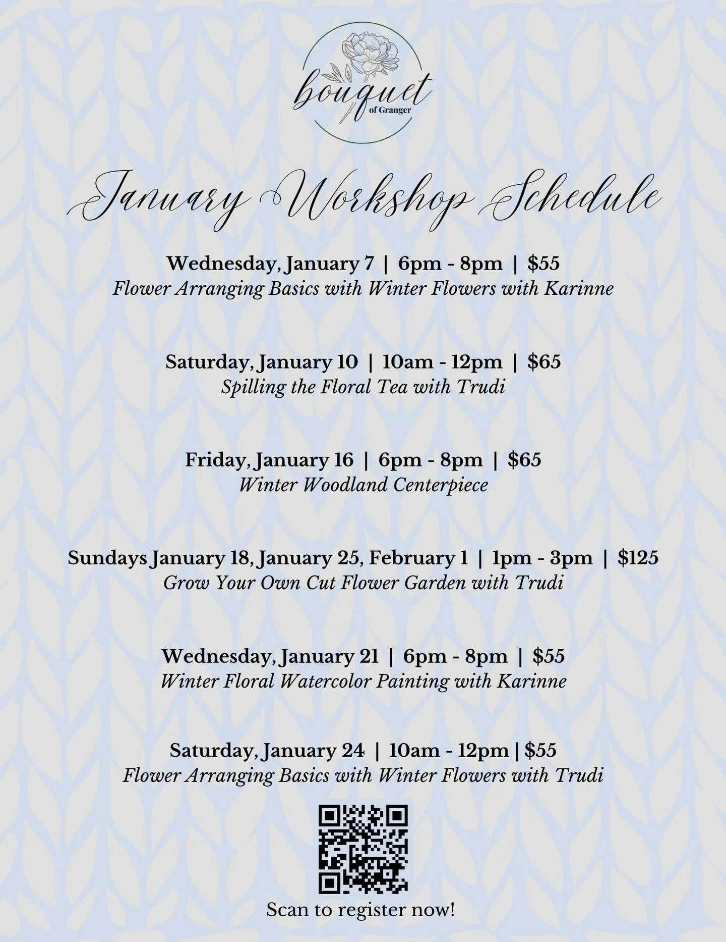 New year, new blooms 🌸✨ If winter has you in a slump, consider this your floral reset - January is full of creativity, and flowers here at Bouquet of Granger! 

❄️ Wednesday January 7th | Flower Arranging Basics with Winter Flowers 

☕️ Saturday Jan