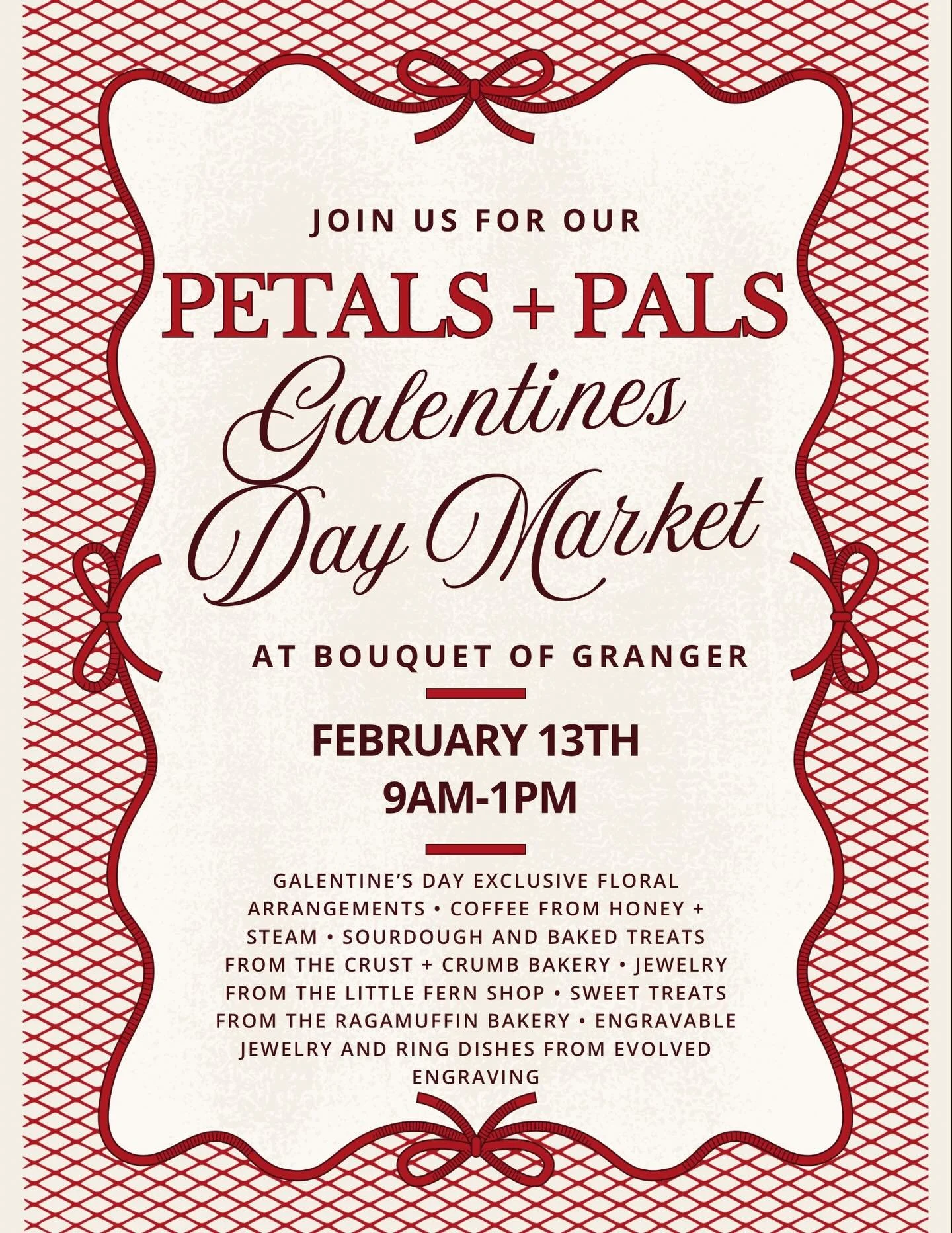 Calling all besties + flower lovers! Grab your gals and make a date at our Petals + Pals Galentine&rsquo;s Day Market at Bouquet of Granger 💖✨

Join us in the shop on Friday, February 13th from 9AM-1PM for the sweetest Galentine&rsquo;s Day celebrat