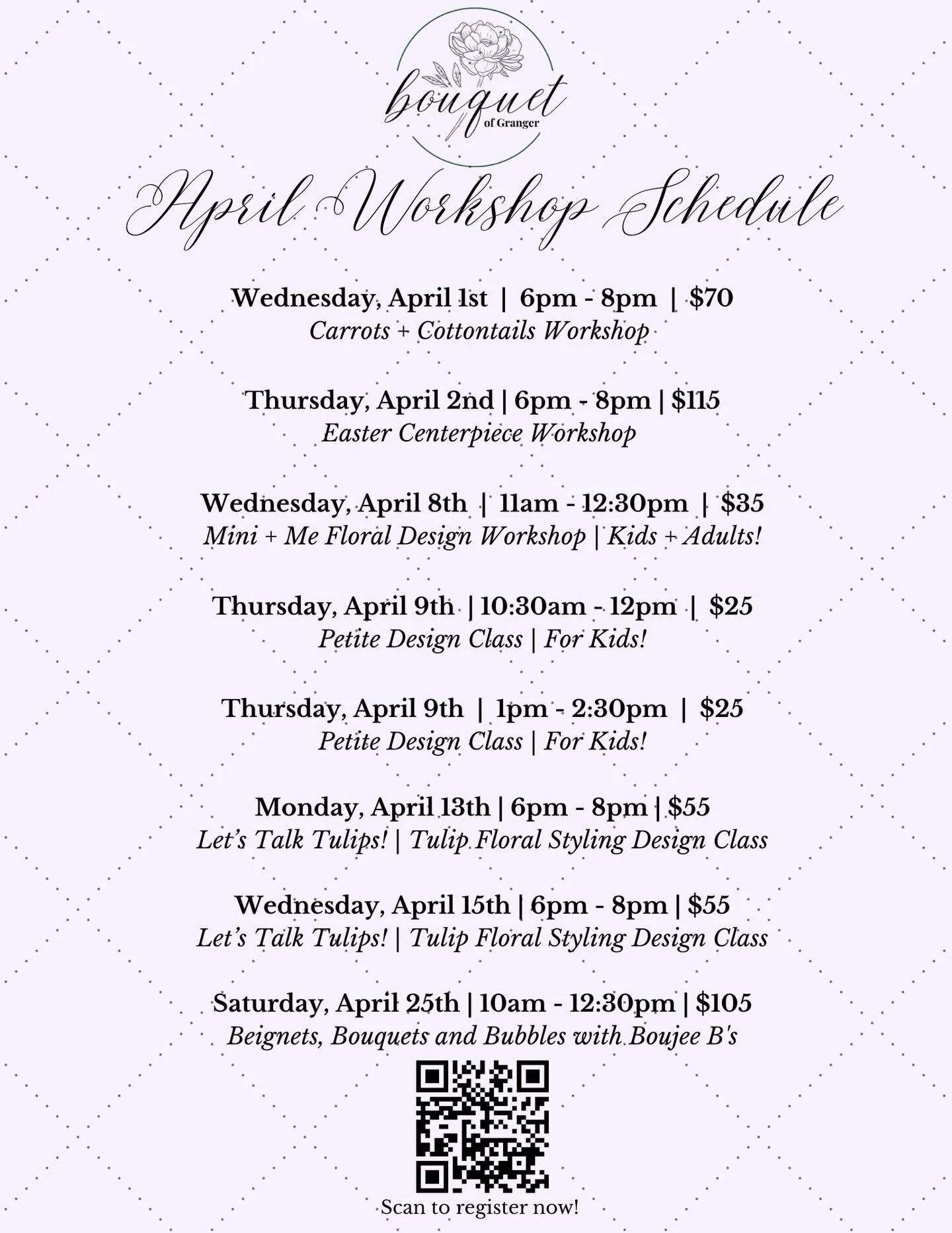 April is bringing another exciting round of workshops to Bouquet of Granger, with a little something for just about everyone! 🪻✨

🪻 Wednesday April 1st | Carrots + Cottontails Workshop from 6-8PM 

🪻 Thursday April 2nd | Easter Centerpiece Worksho