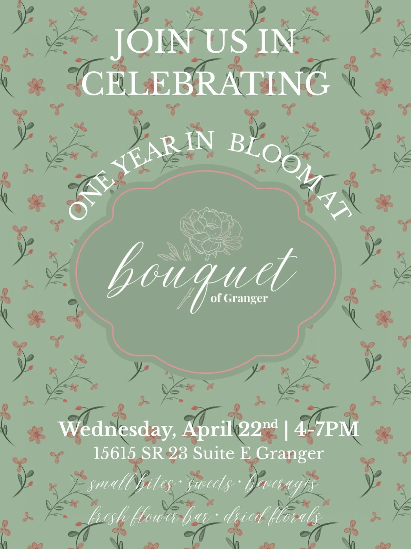 You&rsquo;re invited! 🌸✨

Come celebrate one year in bloom with us at Bouquet of Granger! Join us on Wednesday, April 22nd from 4-7 PM for sips, sweets, and all things floral. 

Enjoy complimentary charcuterie from @gatherngraze.events, cookies from