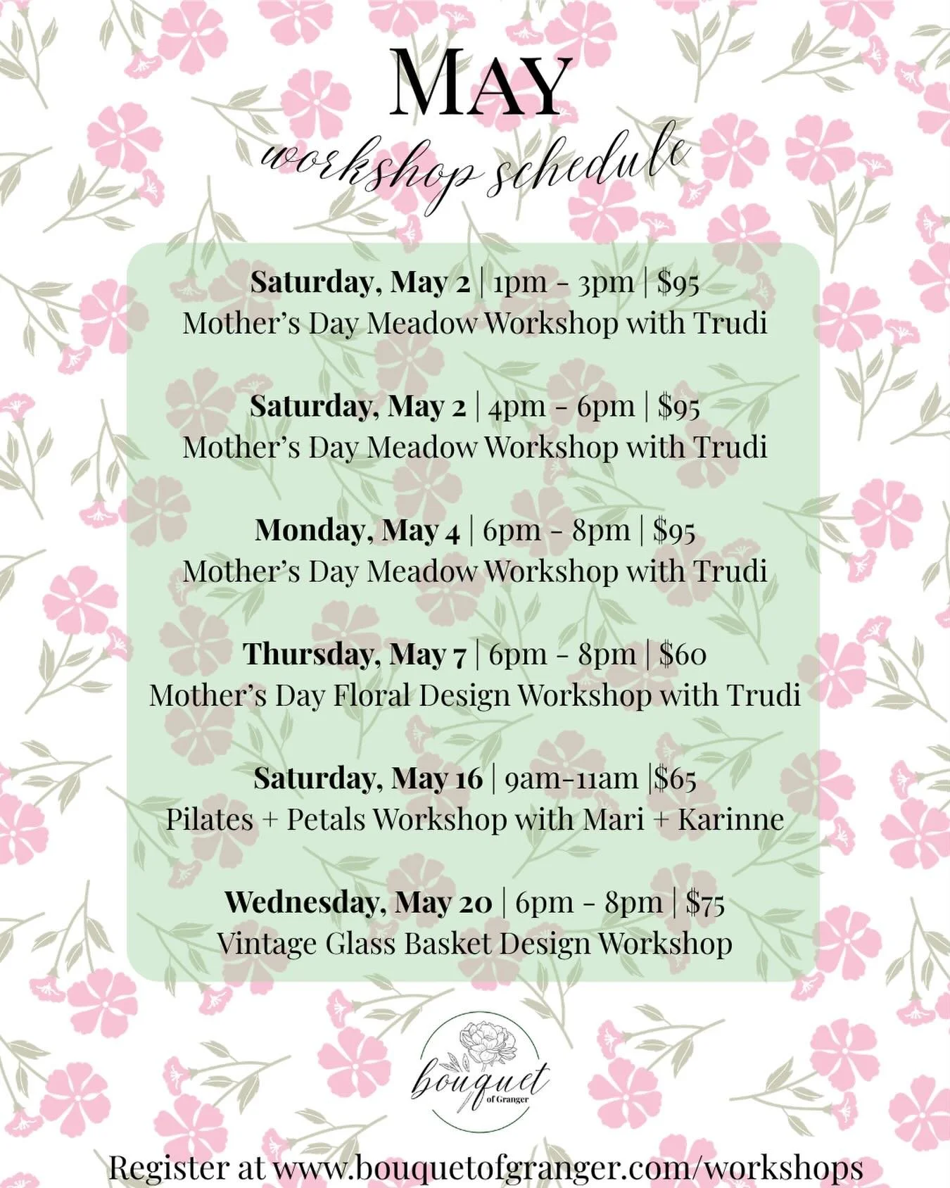 May flowers will be rolling in before we know it, which means May workshops will too. 💐

🌸 Saturday May 2nd | Mother&rsquo;s Day Meadow Workshop from 1-3PM OR 4-6PM

🌸 Monday May 4th | Mother&rsquo;s Day Meadow Workshop from 6-8PM 

🌸 Thursday Ma