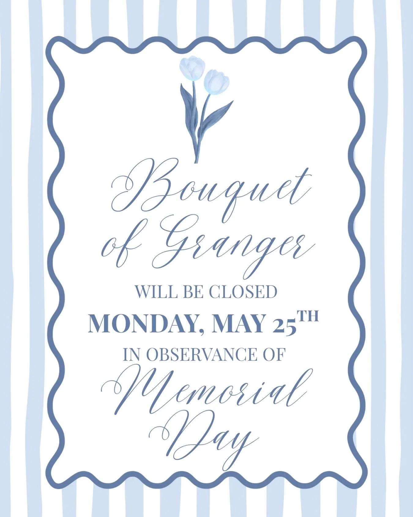 Heads up, Granger! ✨

Bouquet of Granger will be closed on Monday, May 25th in observance of Memorial Day. Don&rsquo;t worry! The shop will be back open on Tuesday, May 26th during regular business hours. 🤍

#memorialday #bouquetofgranger #grangerfl
