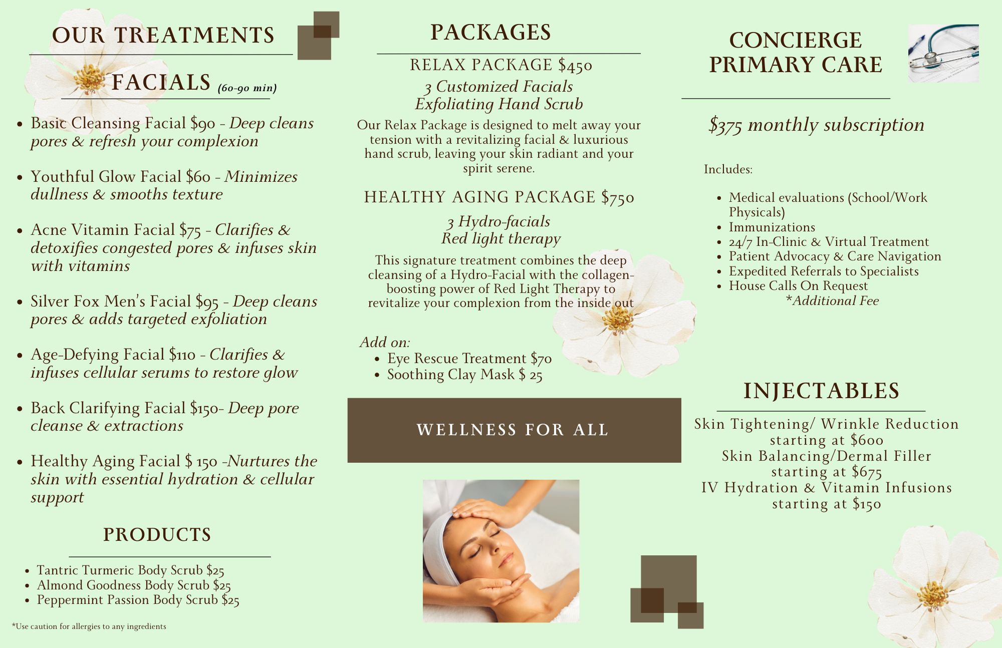 Spa menu featuring treatments for facials, packages, concierge primary care, and injectables, with a small image of a woman receiving a facial massage.