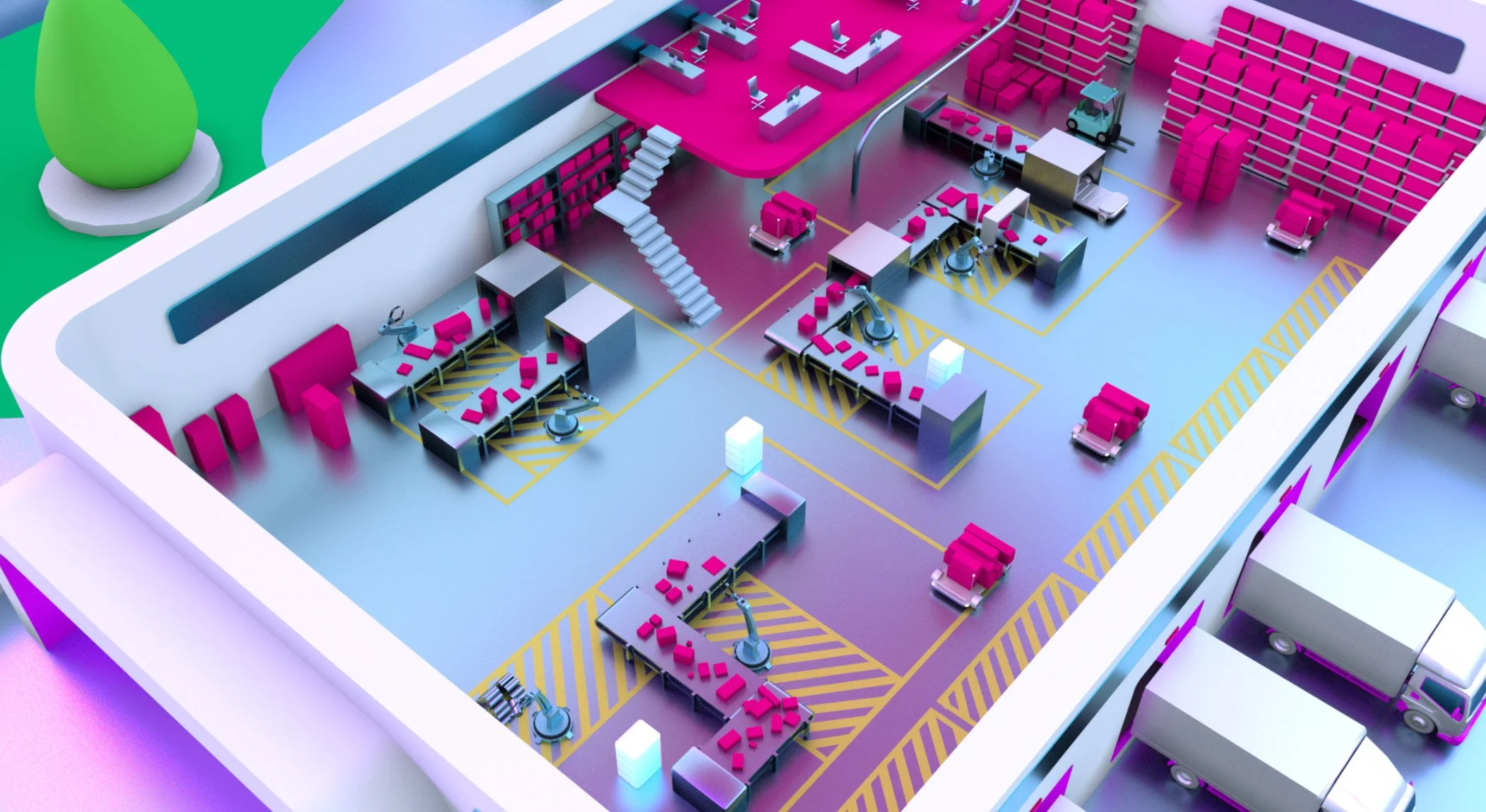 A colorful 3D model of a warehouse or distribution center with pink and purple elements, conveyor belts, storage shelves, and trucks, seen from an elevated perspective.