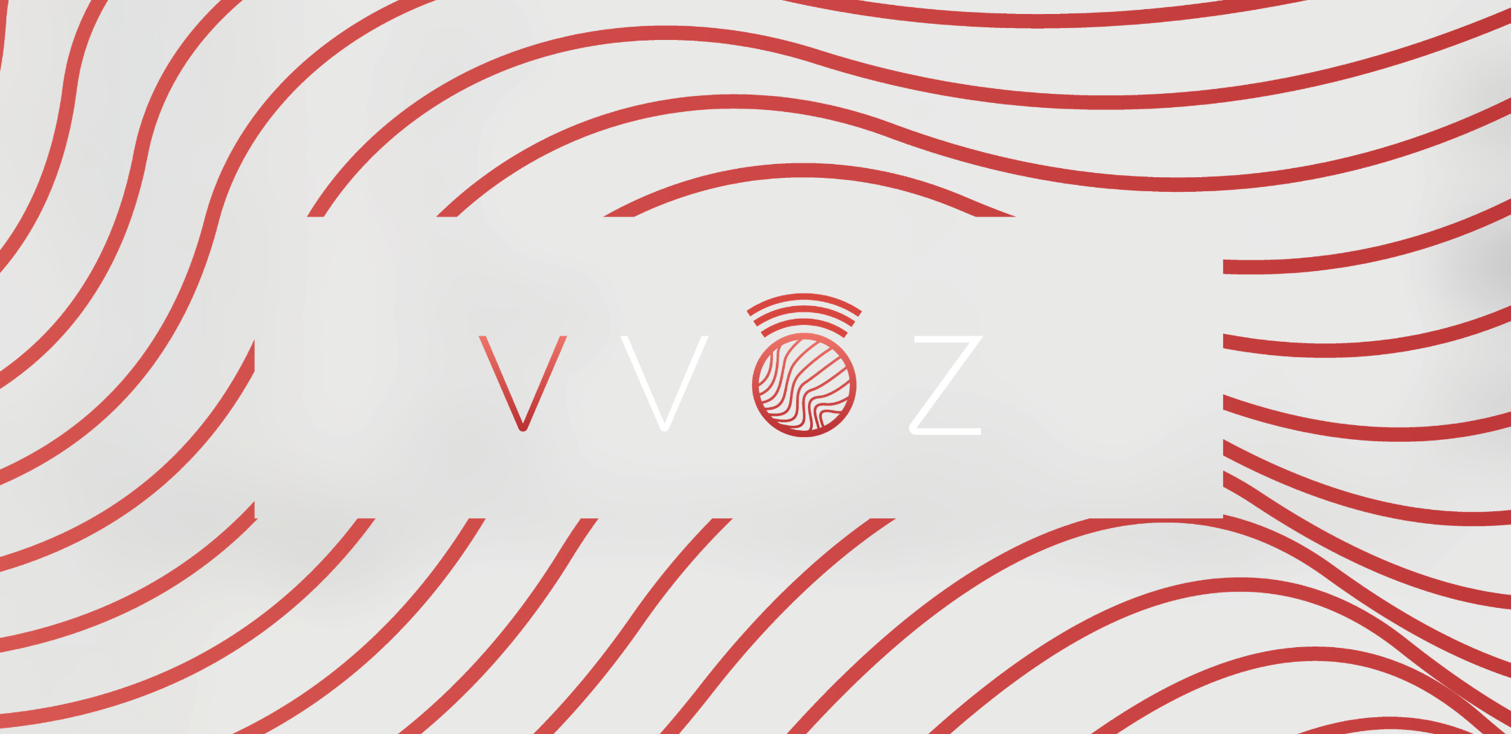 Design with red wavy lines on a white background featuring a central logo with a fingerprint inside a circle and Wi-Fi signal lines above it, and the text 'VVOZ'.