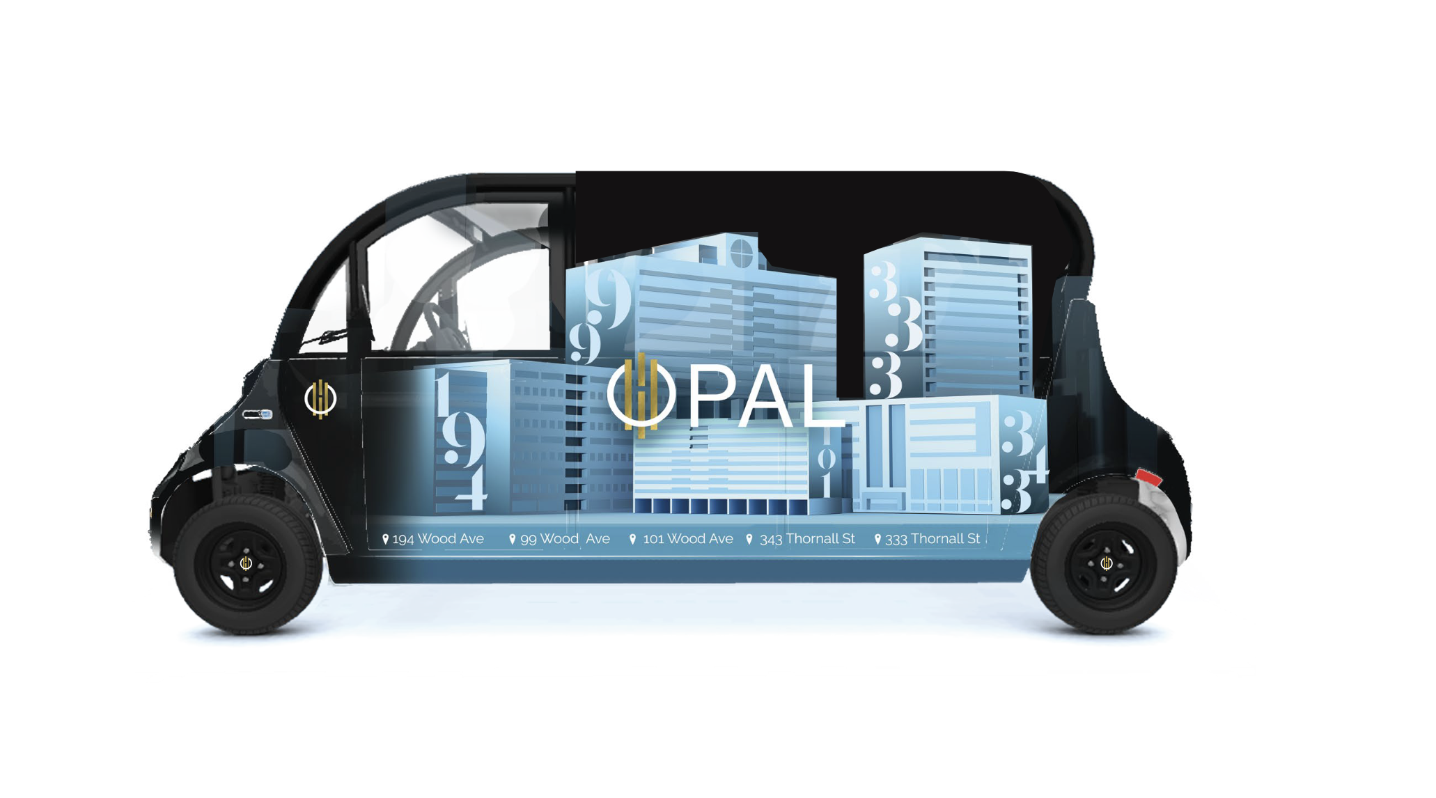 An electric vehicle with digital graphics representing buildings and city streets, displaying the logo 'HOPAL' and addresses on the side.