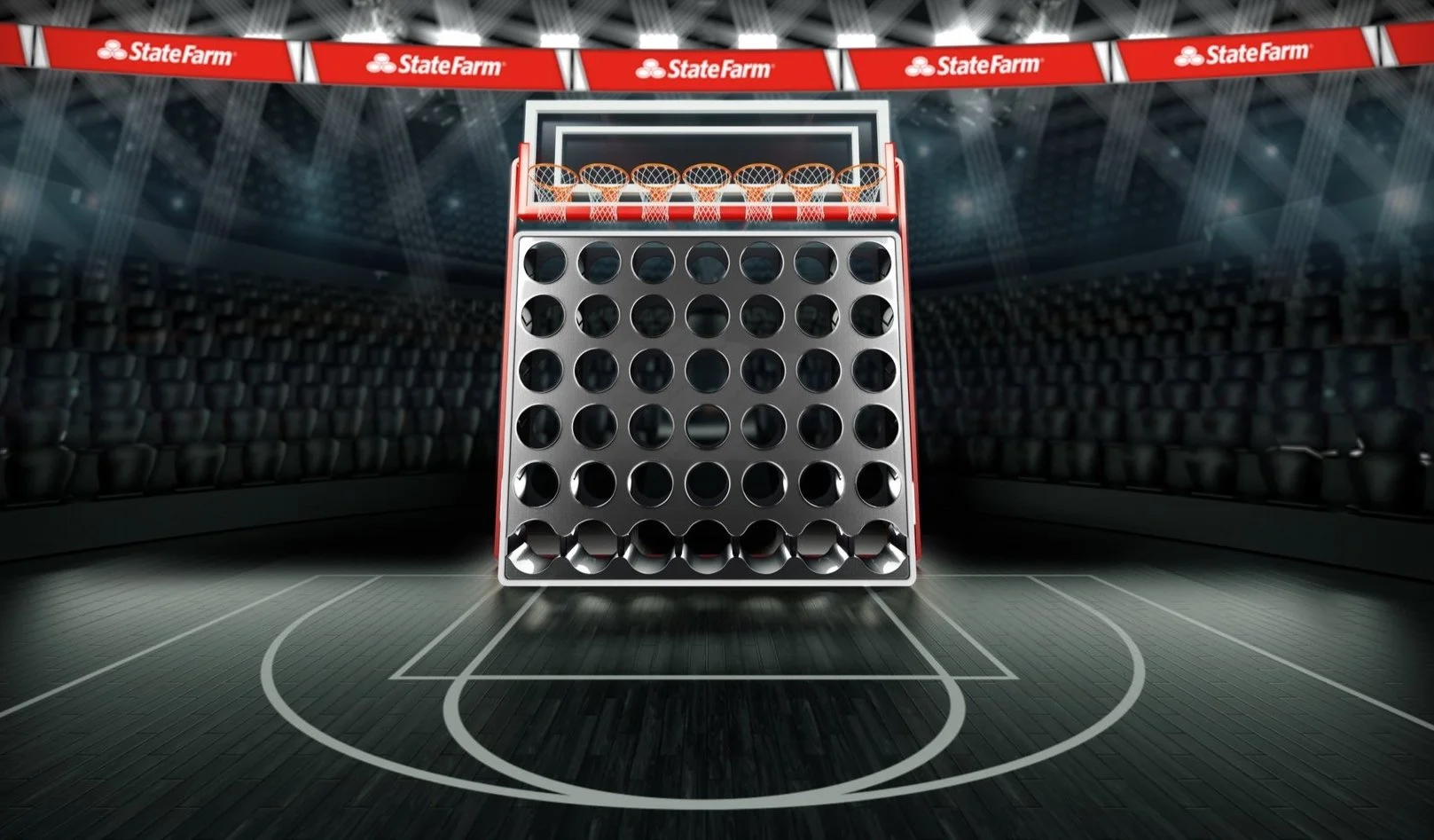 A giant Connect Four game set up inside a basketball arena with the court and audience seats visible, and banners with 'StateFarm' logo hanging around.