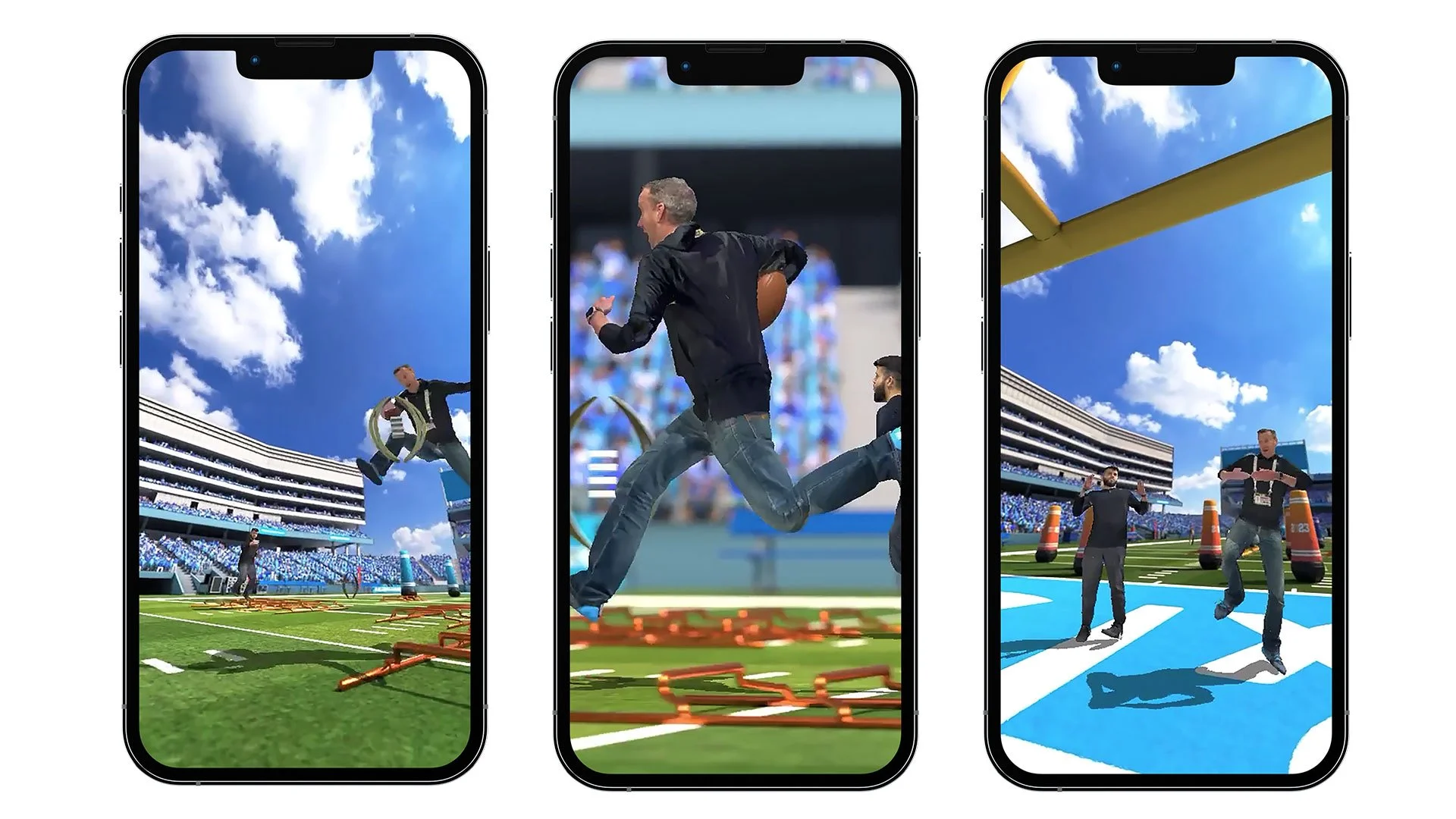 Three smartphones displaying different images of people participating in a sporting event or outdoor activity on a grass field with stadium seating and a blue sky with clouds in the background.