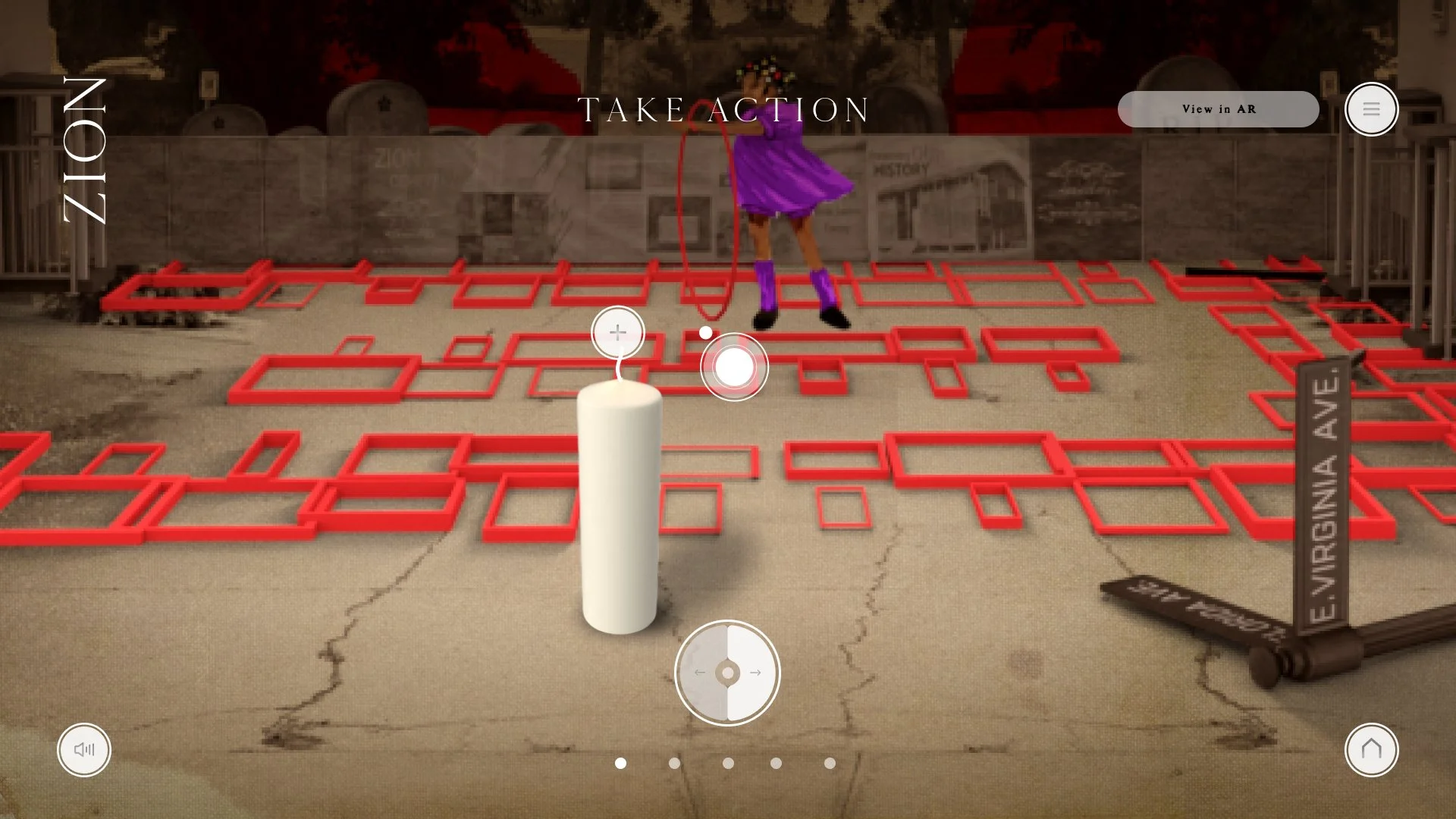 Augmented reality display showing a person in a purple dress with purple boots, holding a red jump rope, standing on a surface with red rectangular frames, with a black sign reading "VIRGINIA AVE".
