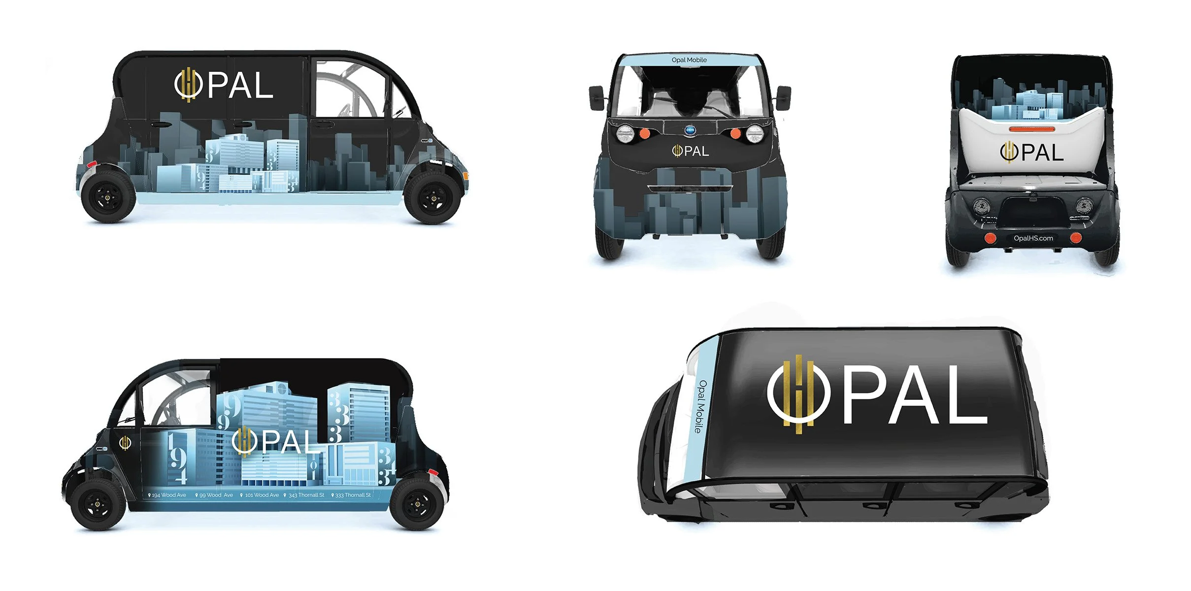 Multiple views of a compact black and blue electric delivery vehicle with 'OPAL' branding, showing city skyscrapers graphics and route information on its sides, front, and rear.