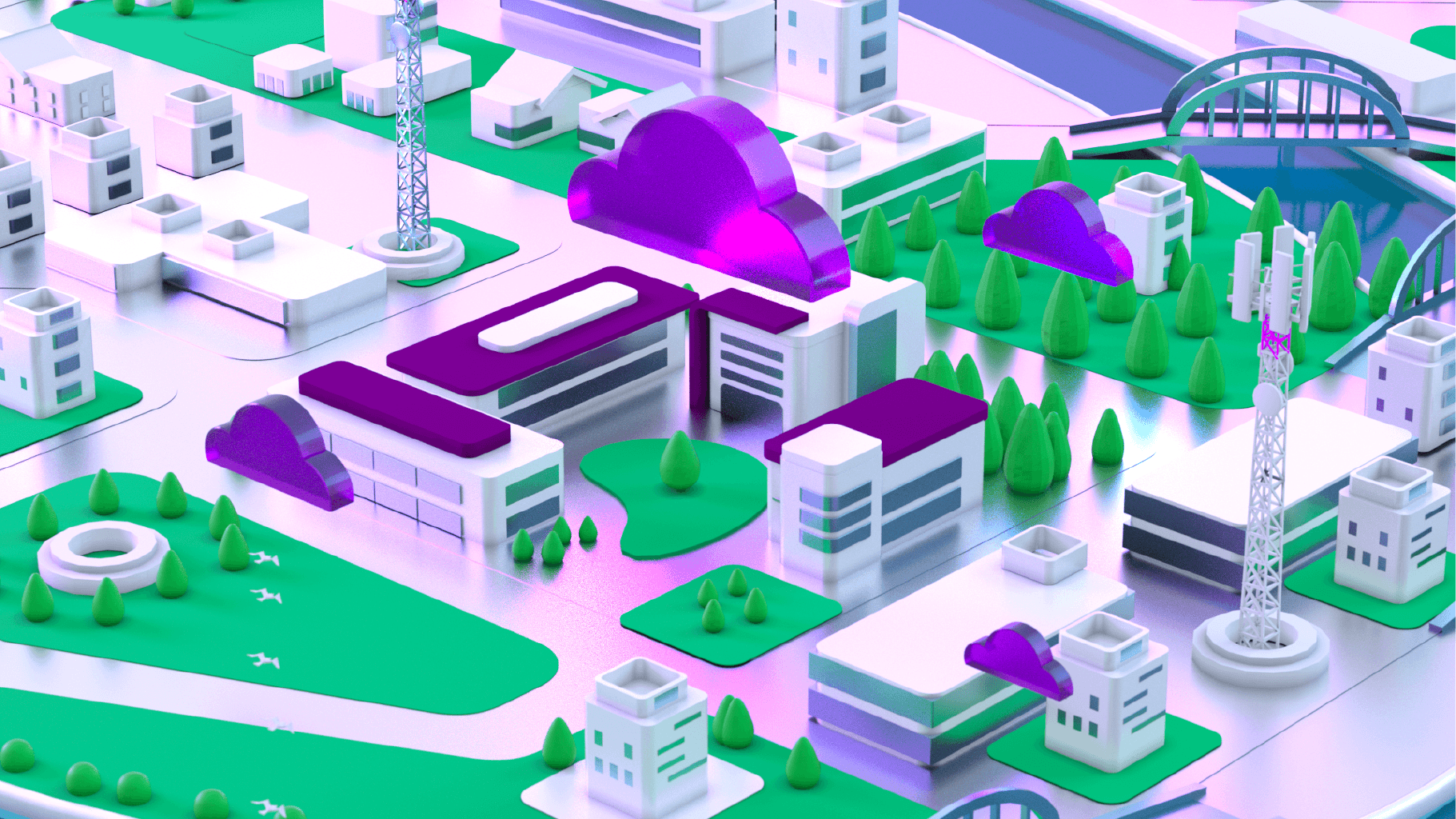 A colorful, stylized cityscape model featuring various modern buildings, green parks, trees, and purple cloud-shaped icons, with construction cranes and bridges, all rendered in a vibrant, futuristic style.
