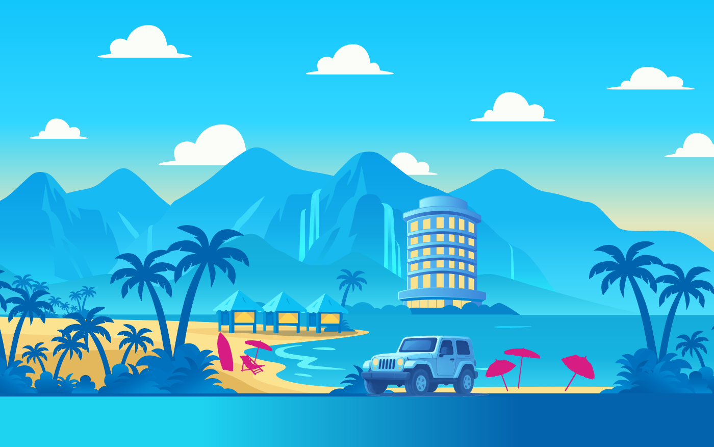 Illustration of a tropical beach with palm trees, a sandy shore, a small pavilion, and colorful umbrellas. A blue vehicle is parked near the water, with mountains, waterfalls, and a tower in the background under a blue sky with clouds.