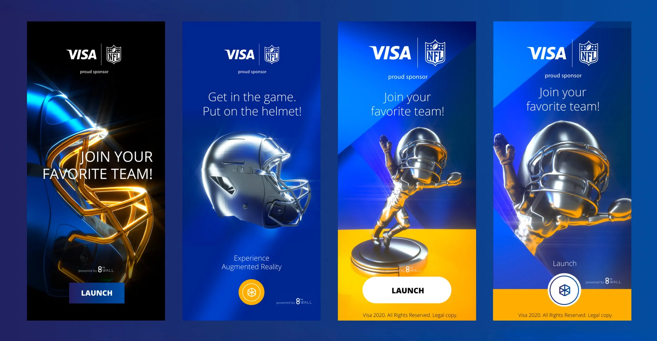 Four digital banners promoting a sports team sponsorship by Visa, featuring football helmets and players, with messages encouraging joining teams and experiencing augmented reality.
