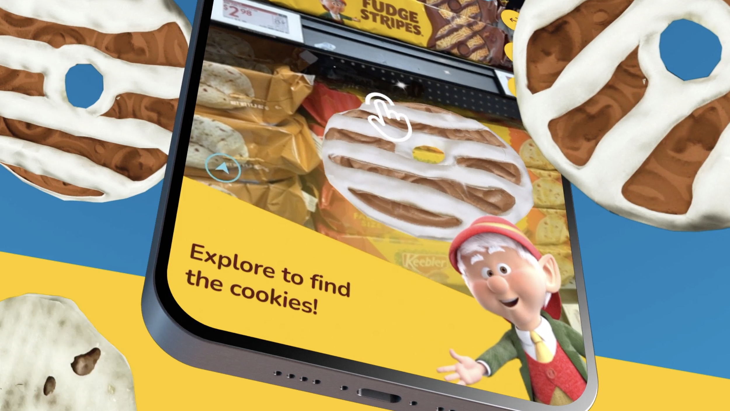 Augmented reality app displaying a cookie with white icing and brown filling, with a cheerful cartoon character in the corner. Background shows shelves of snack items like Fudge Stripe cookies.