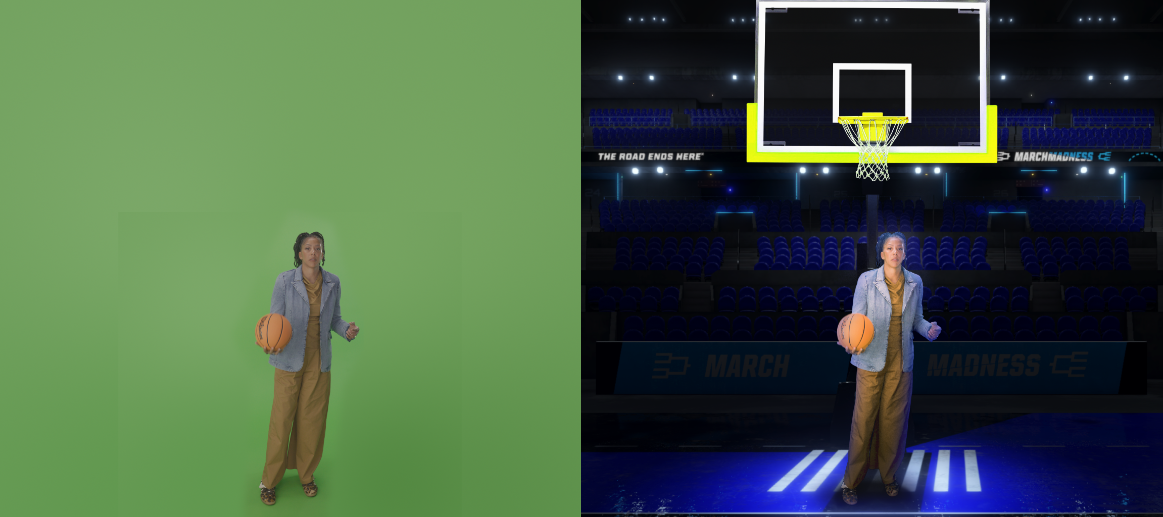 Comparison of a woman holding a basketball in front of a green screen and the same woman in a sports arena with a basketball hoop and audience seats.
