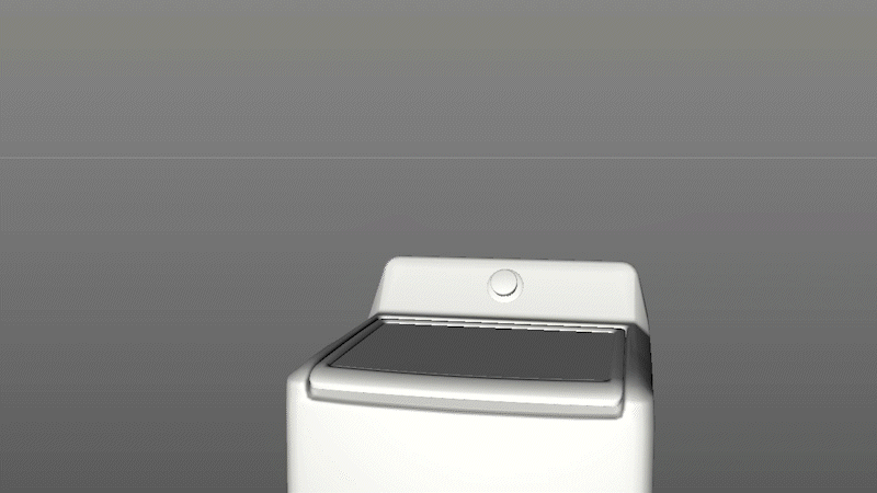 A top-loading washing machine with a closed lid and a circular control button on the top panel, against a gray background.