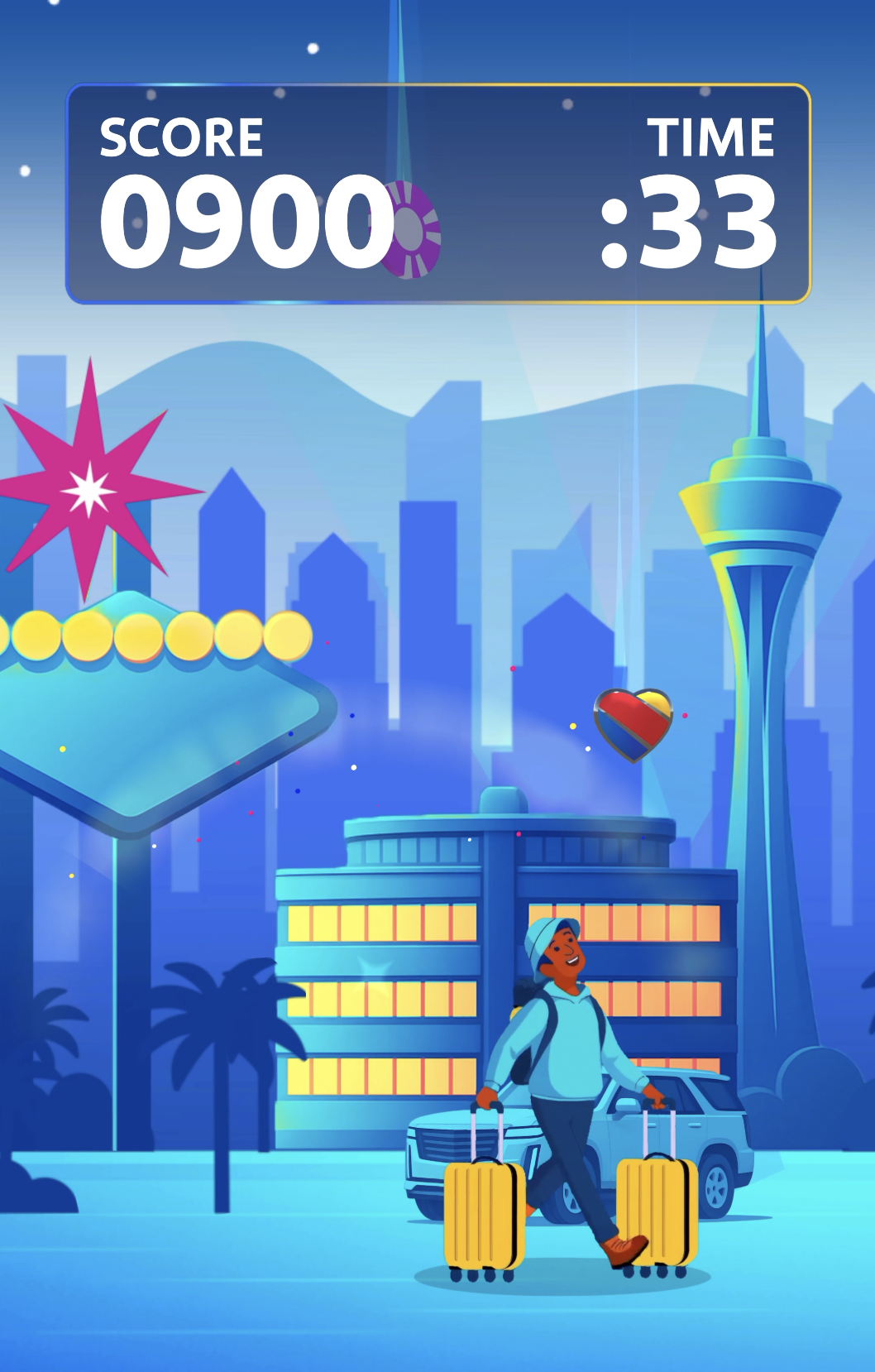 A digital illustration of an airport scene at night with a city skyline in the background. A person with a suitcase is walking, smiling. There is a tall tower, palm trees, a car, a heart-shaped balloon, a game screen with a score of 900, and a countdown timer showing 33 seconds.