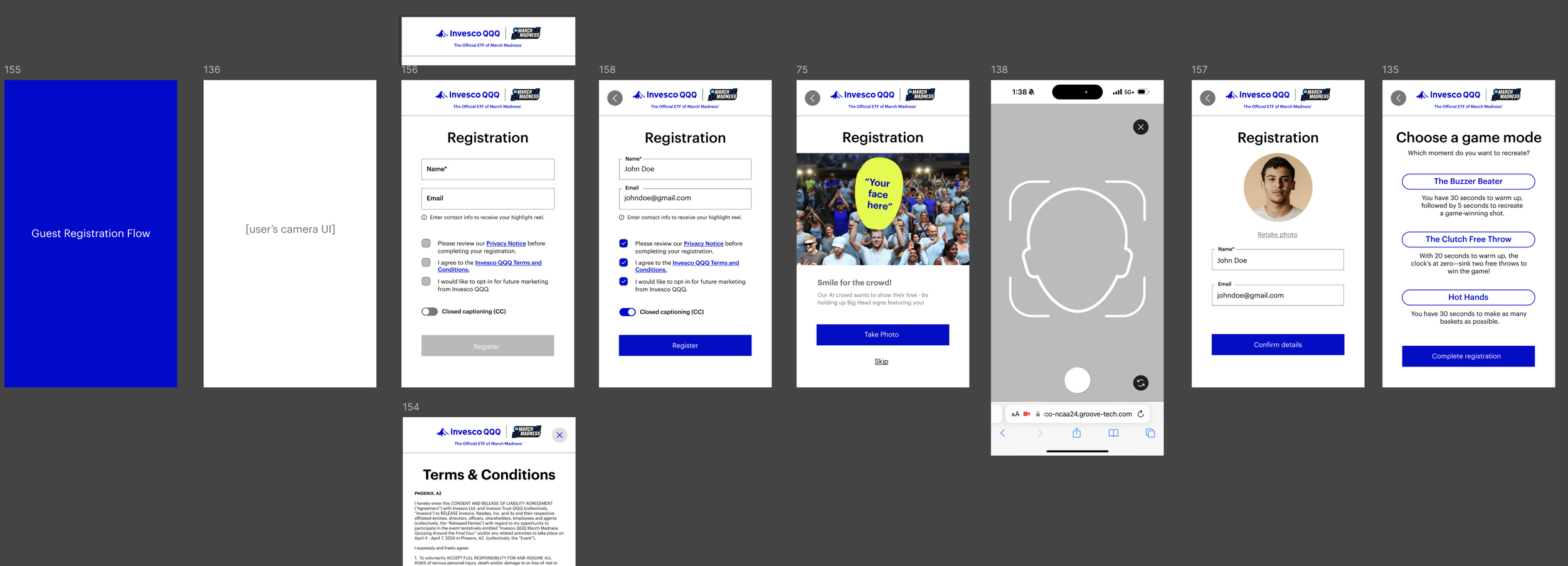 Mobile app screens showing registration for Invesco QQQ March Madness event, including guest registration form, photo capture, game mode selection, and terms and conditions.
