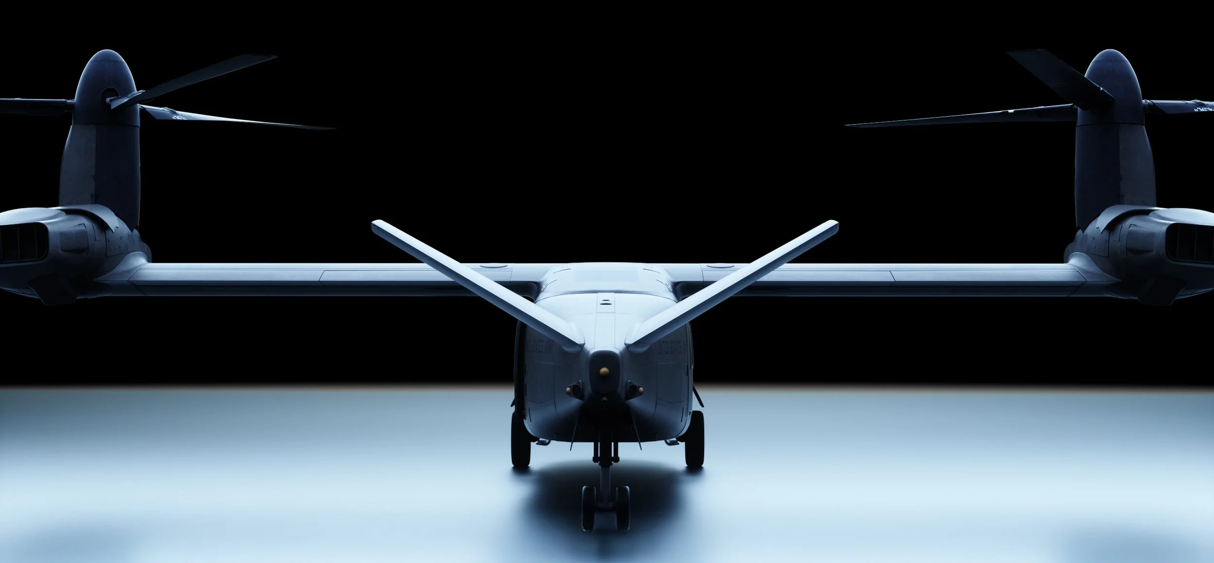 Front view of a futuristic aircraft with robotic drone components, set against a black background.