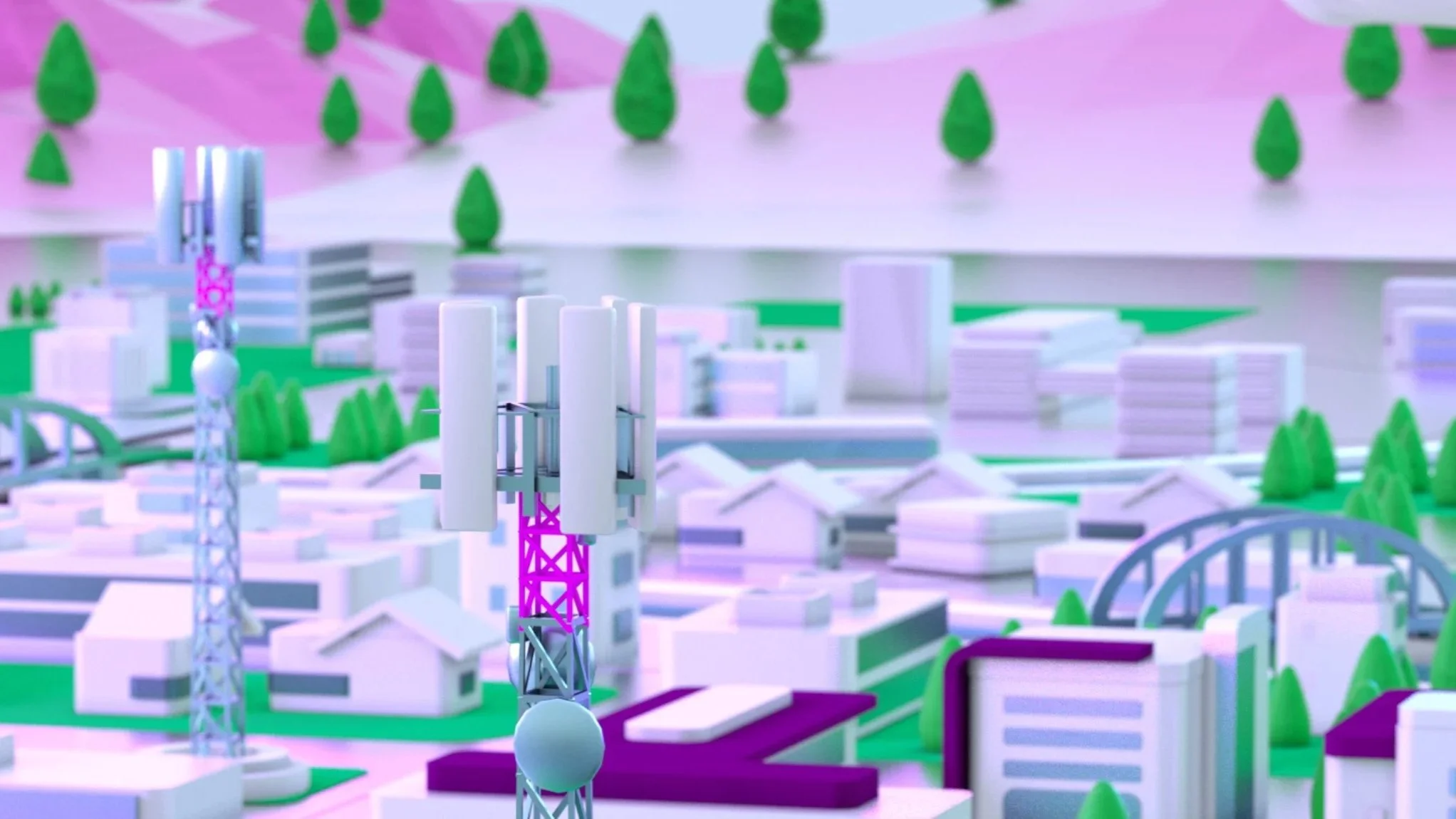A colorful architectural model of a city with buildings, green trees, a tower, and a bridge.