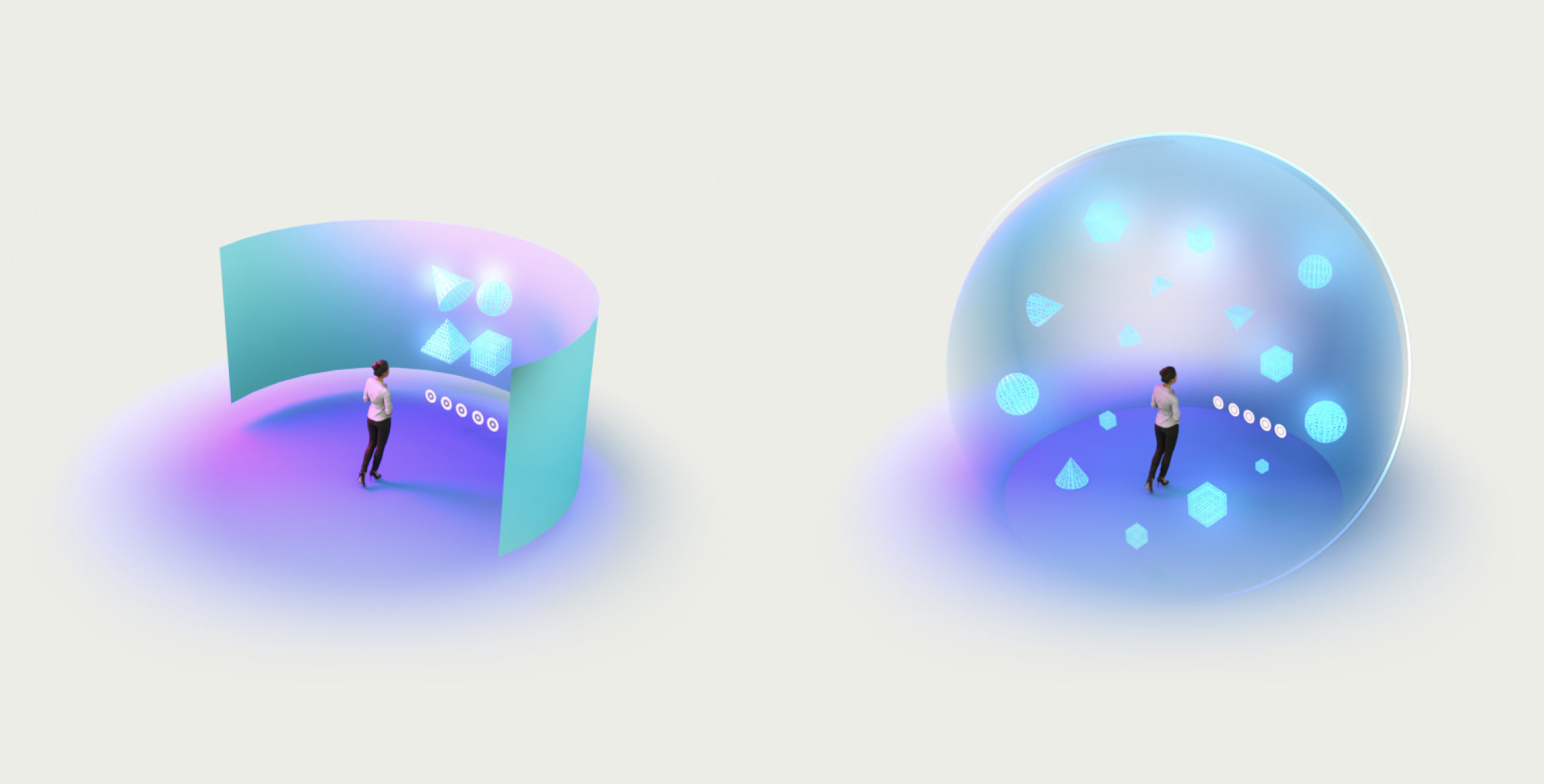 A person standing inside a futuristic digital environment with holographic geometric shapes and floating icons, on the left, and a similar environment with larger holographic shapes on the right.