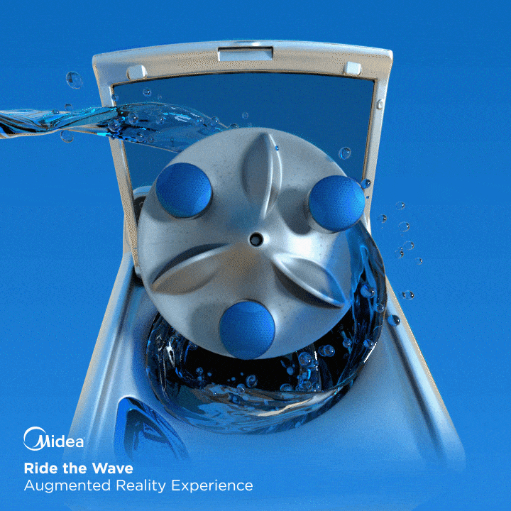 A washing machine with water splashing out and augmented reality elements, promoting an AR experience called 'Ride the Wave' by Midea.