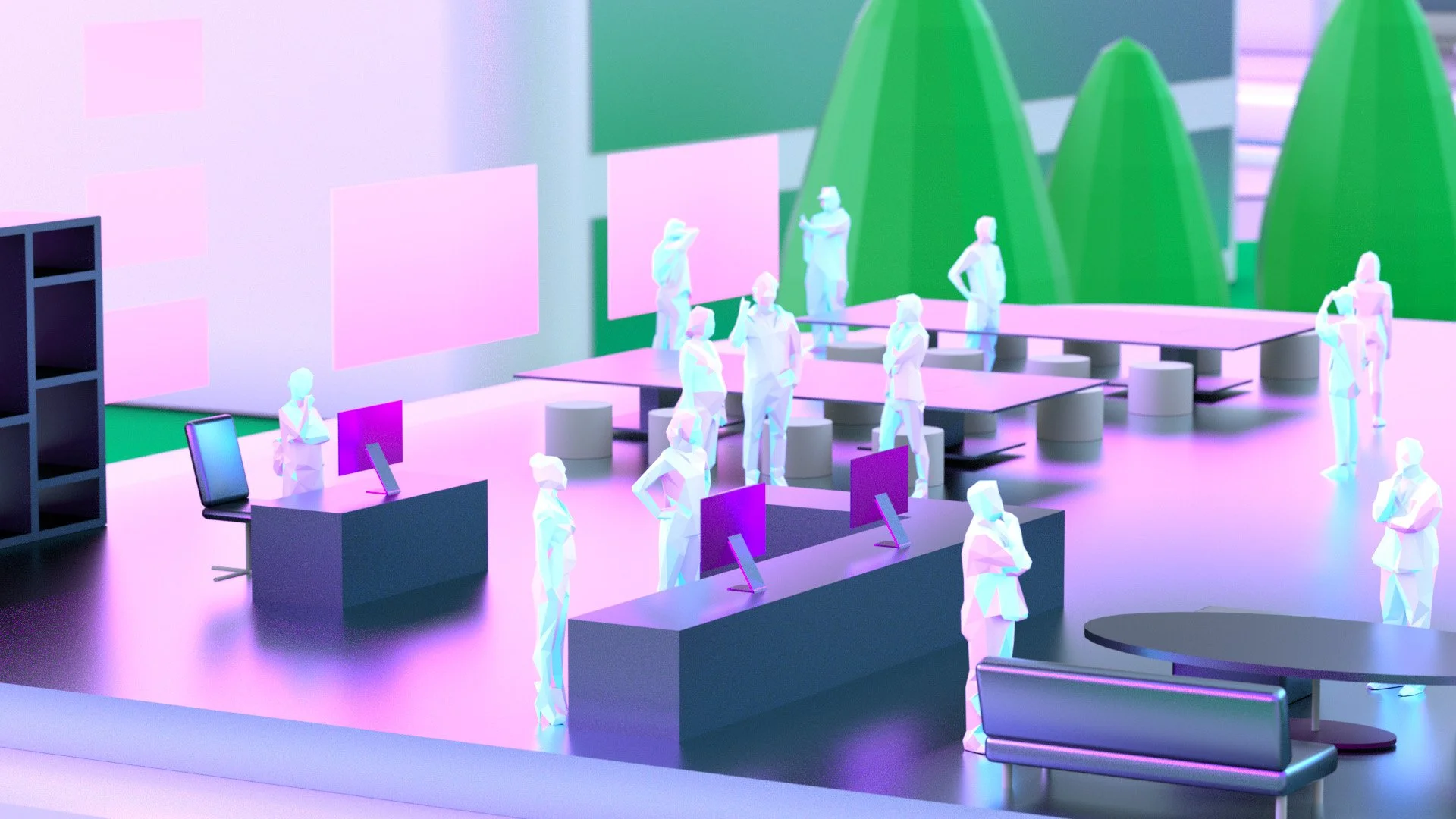A modern, pastel-colored technology workspace with multiple people working on computers and socializing, featuring large green trees outside the windows.