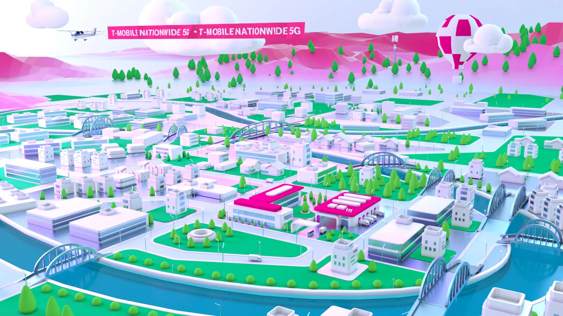 A digital rendering of a futuristic cityscape featuring white buildings, green parks, bridges, and surrounding water. There are clouds, trees, a hot air balloon, and an airplane in the sky. A banner mentions T-Mobile Nationwide 5G.