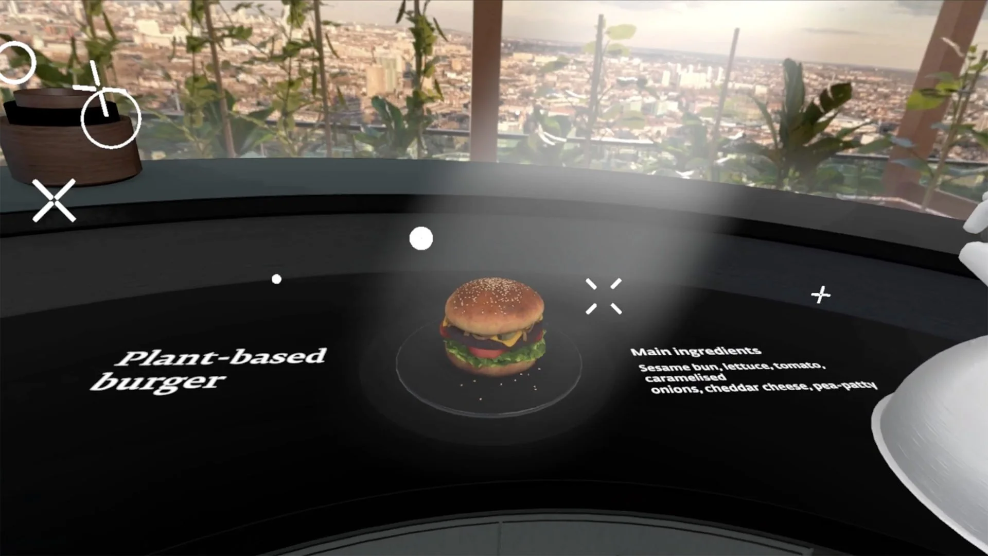 Virtual reality interface displaying a plant-based burger with ingredients listed as sesame bun, lettuce, tomato, caramelized onions, cheddar cheese, pea-patti. The background shows a cityscape through a window with plants outside.