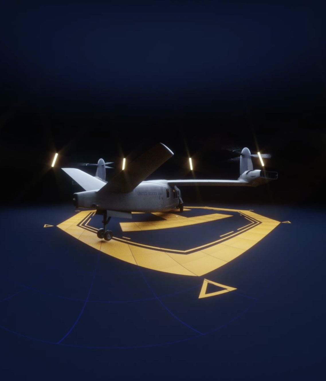 Model of a military aircraft displayed on a platform with digital projection and lighting.