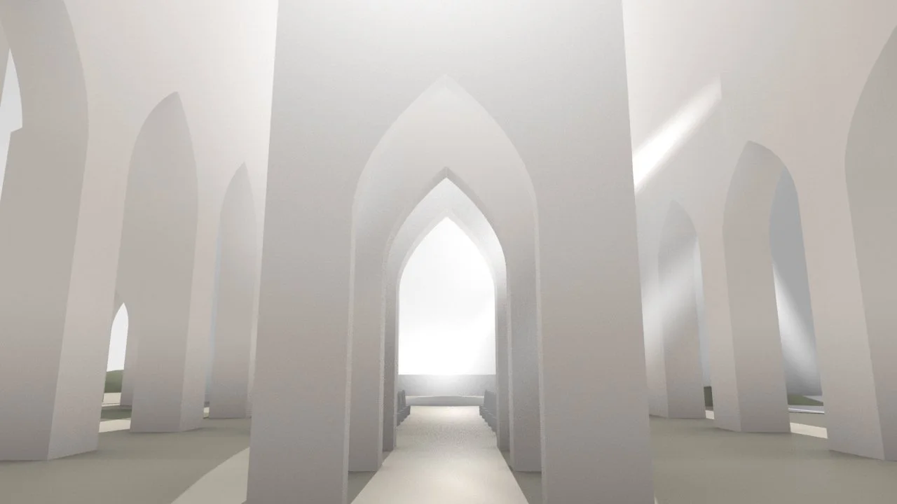 A digital rendering of a white, modern church interior with high vaulted ceilings, pointed arches, and a central aisle leading to a bright window at the end.