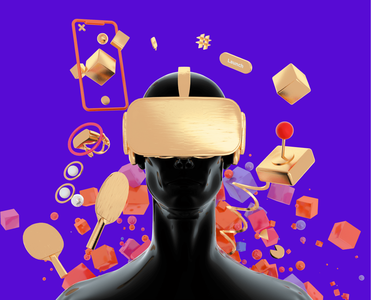 Digital illustration of a person wearing a virtual reality headset with floating tech icons, game controllers, and 3D shapes around them against a purple background.