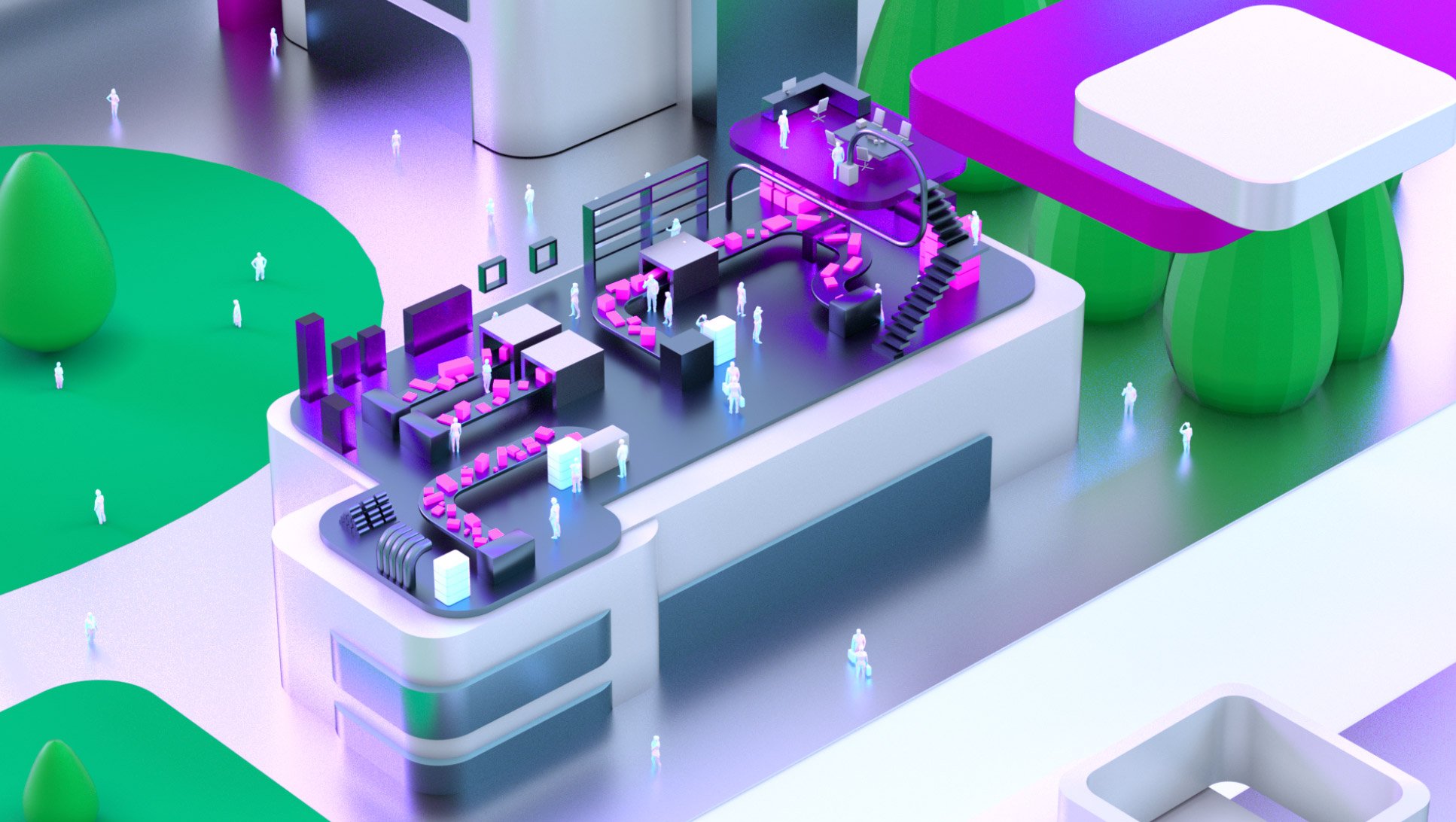 A colorful, abstract digital rendering of a futuristic architectural space with various rooms, pathways, green trees, and small human figures, illuminated in neon purple, green, and white lights.