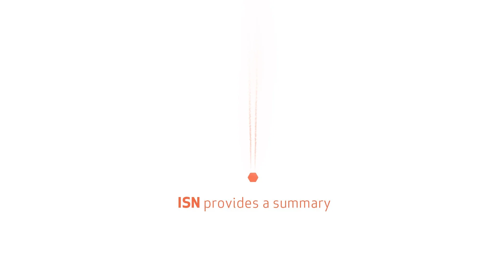A minimalistic infographic with a white background, featuring an orange hexagon and the text 'ISN provides a summary' in orange letters.